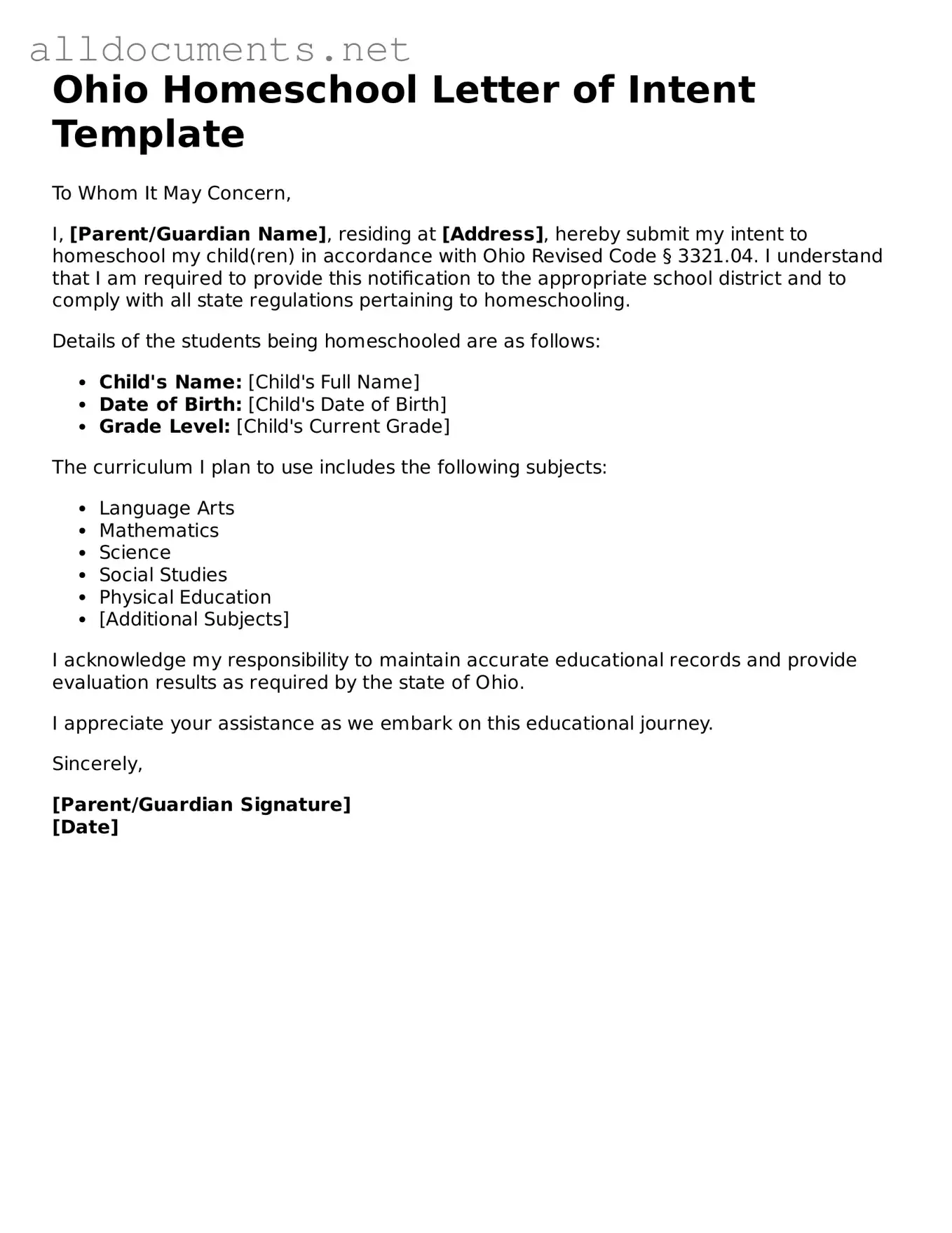 Official  Homeschool Letter of Intent Template for Ohio