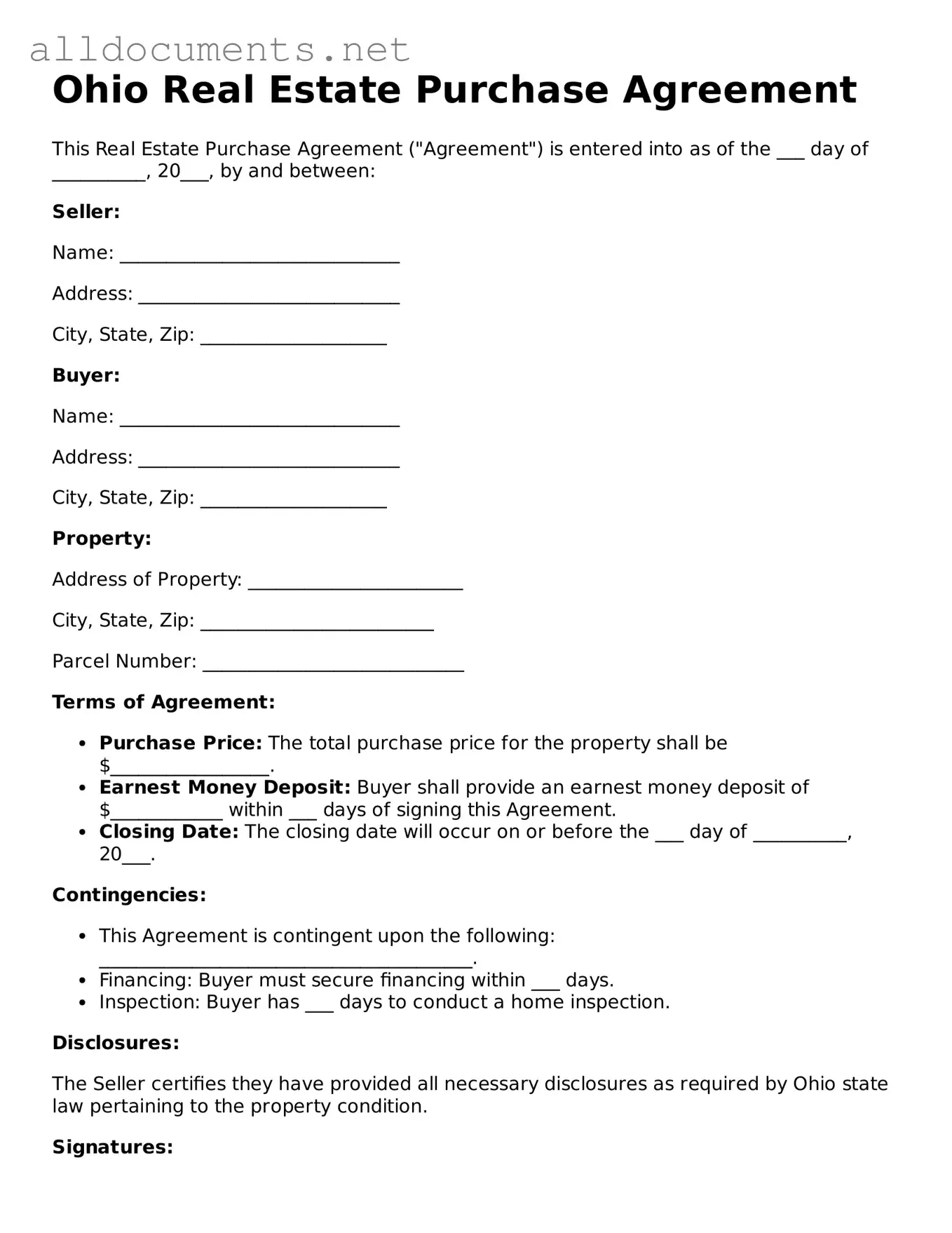 Official  Real Estate Purchase Agreement Template for Ohio