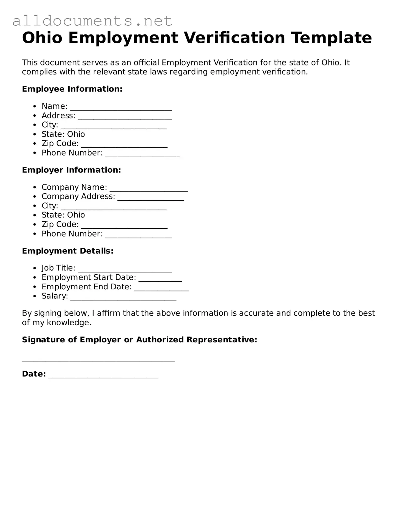 Official  Employment Verification Template for Ohio