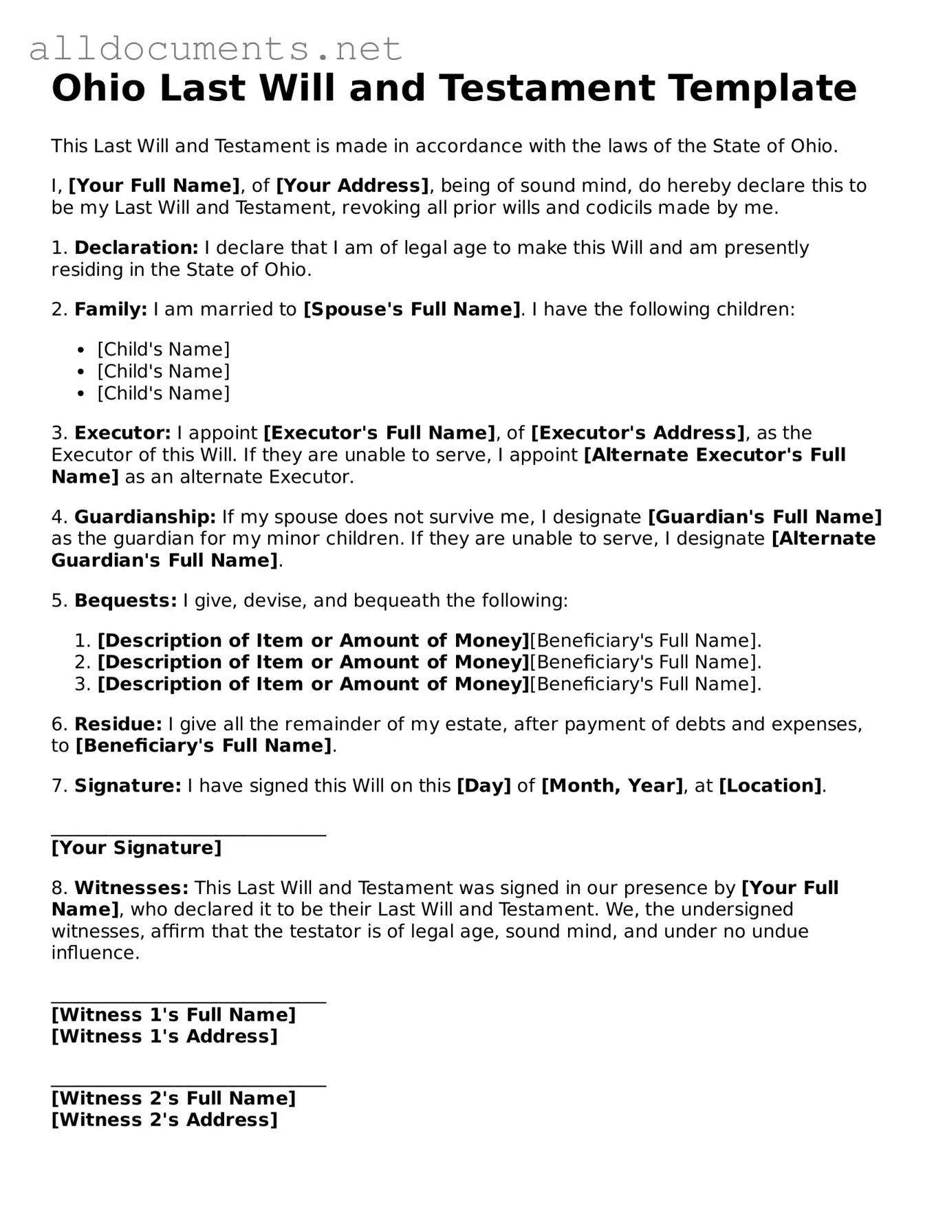 Official  Last Will and Testament Template for Ohio