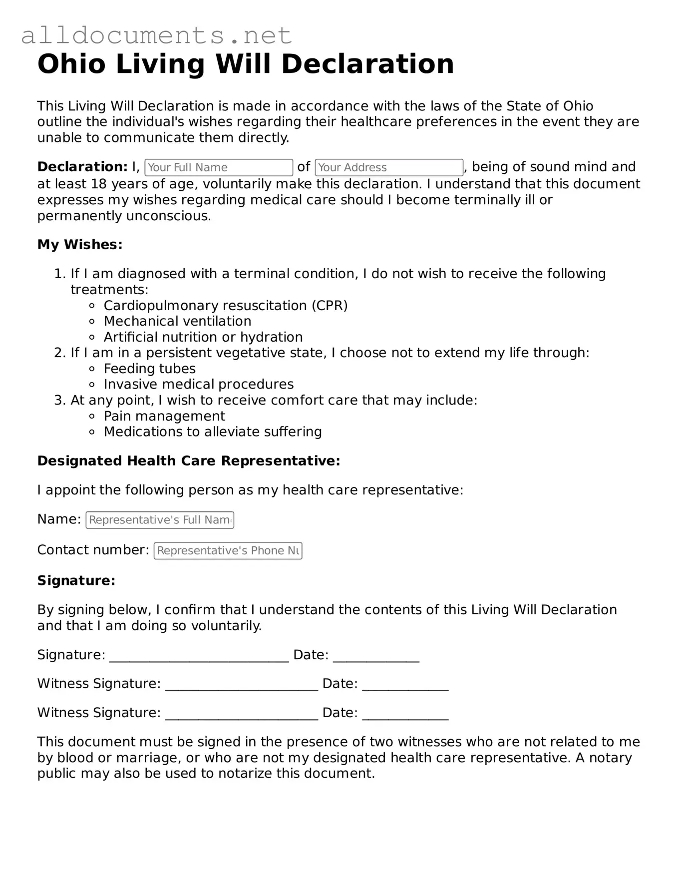 Official  Living Will Template for Ohio