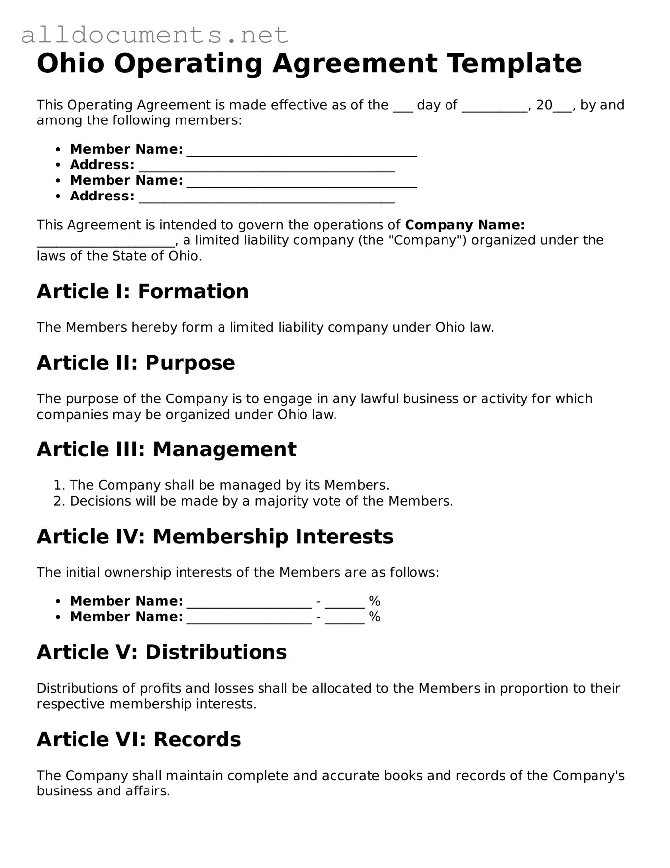 Official  Operating Agreement Template for Ohio
