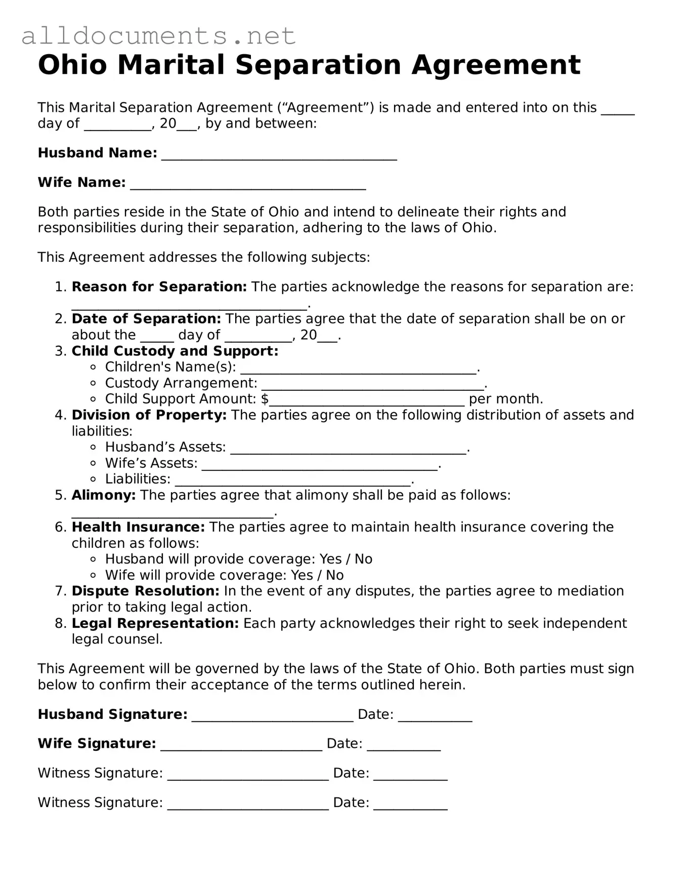 Official  Marital Separation Agreement Template for Ohio