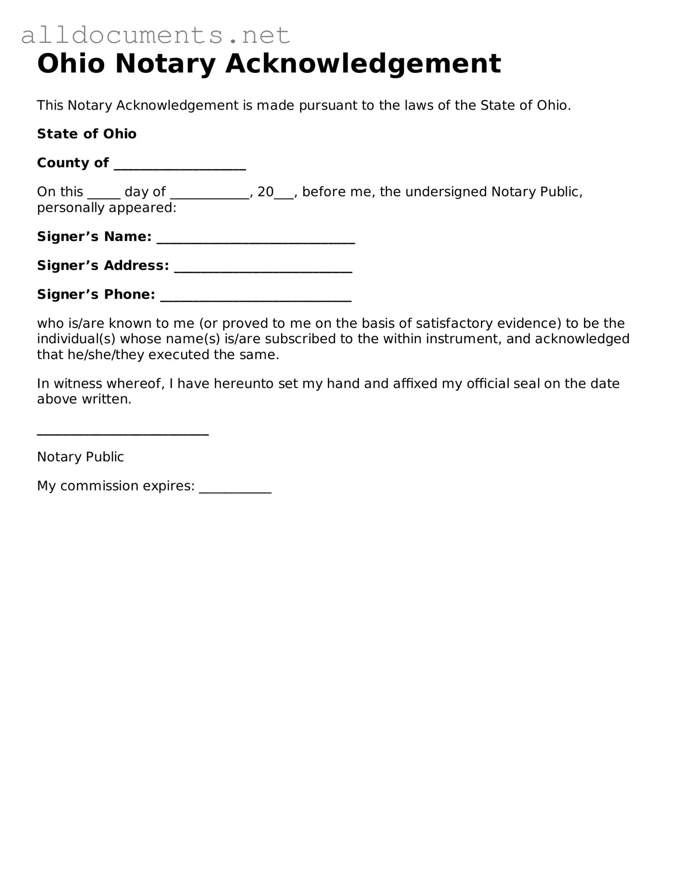 Official  Notary Acknowledgement Template for Ohio