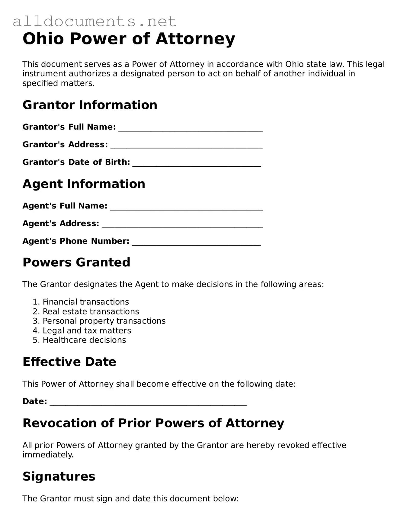 Official  Power of Attorney Template for Ohio
