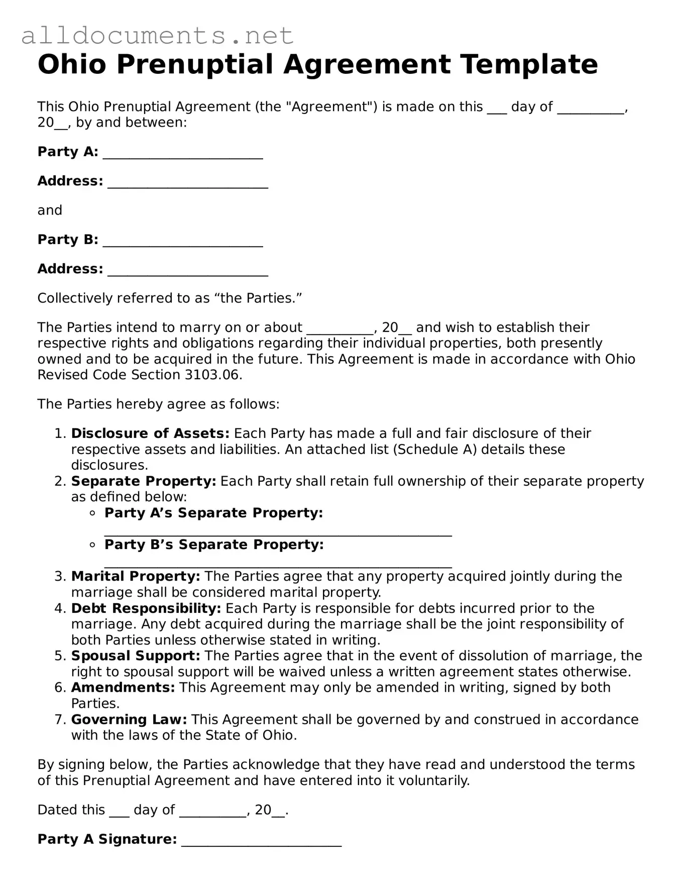 Official  Prenuptial Agreement Template for Ohio