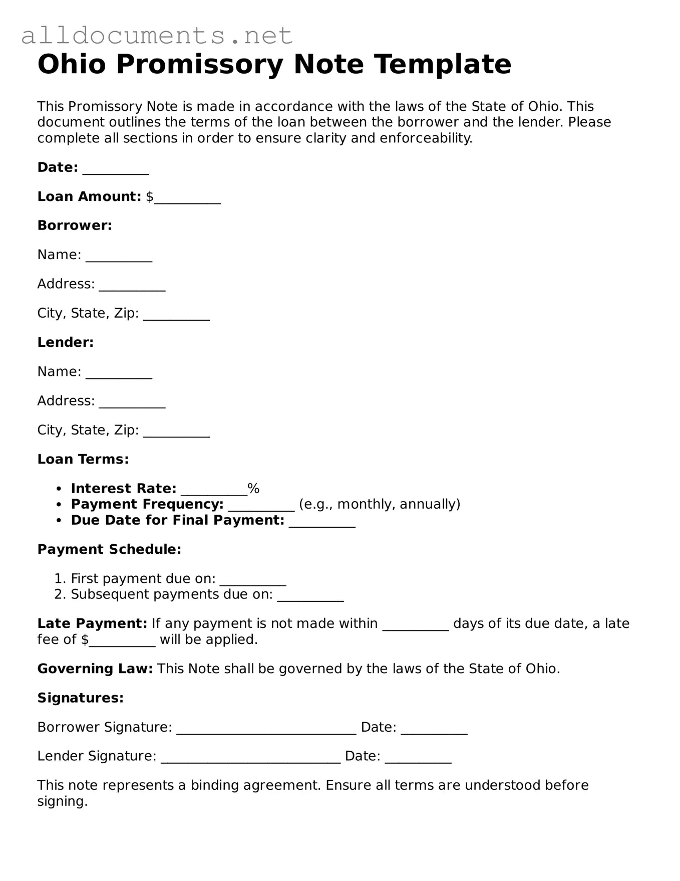 Official  Promissory Note Template for Ohio