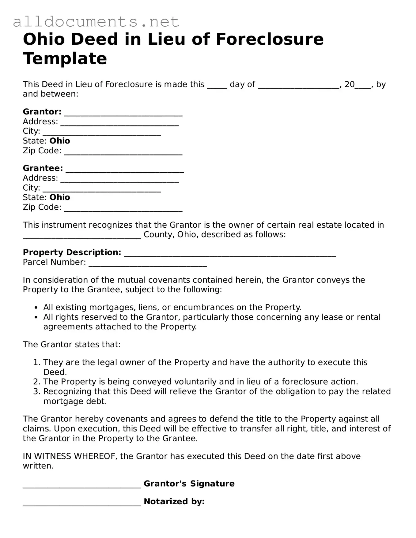 Official  Deed in Lieu of Foreclosure Template for Ohio