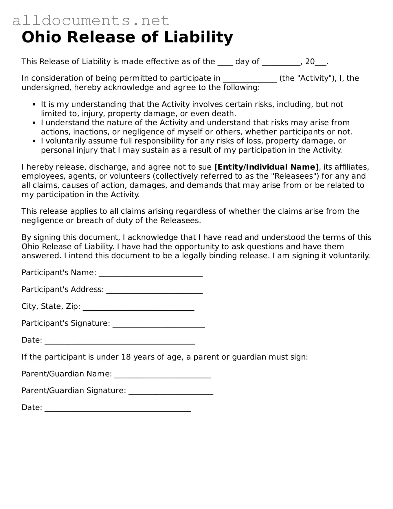 Official  Release of Liability Template for Ohio