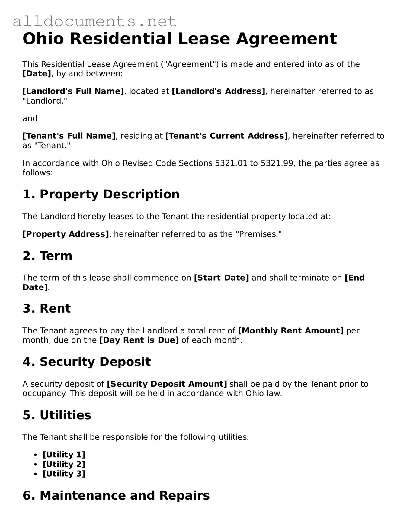 Official  Residential Lease Agreement Template for Ohio