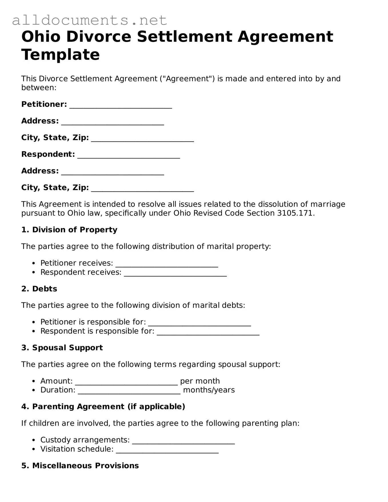Official  Divorce Settlement Agreement Template for Ohio