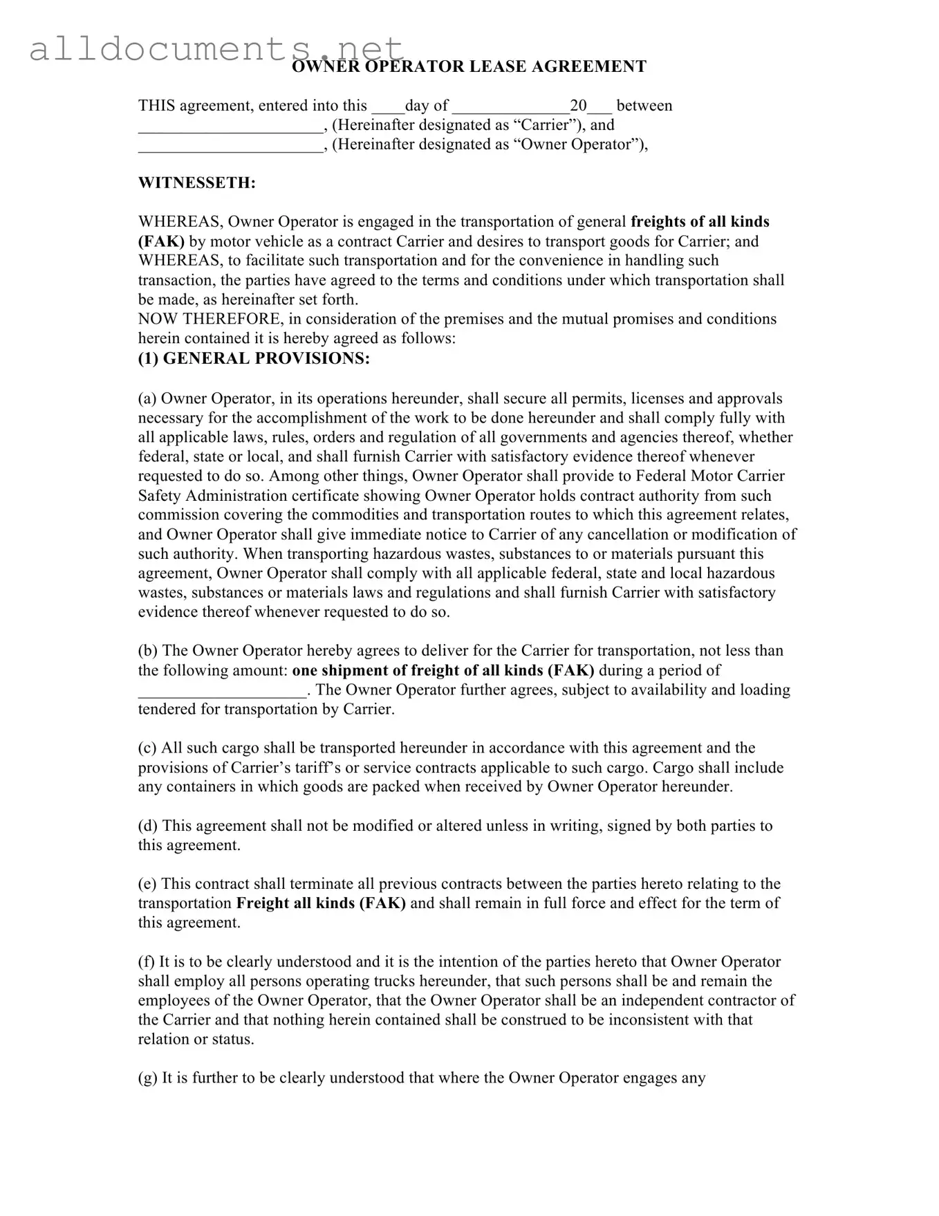 Fillable Owner Operator Lease Agreement Template in PDF
