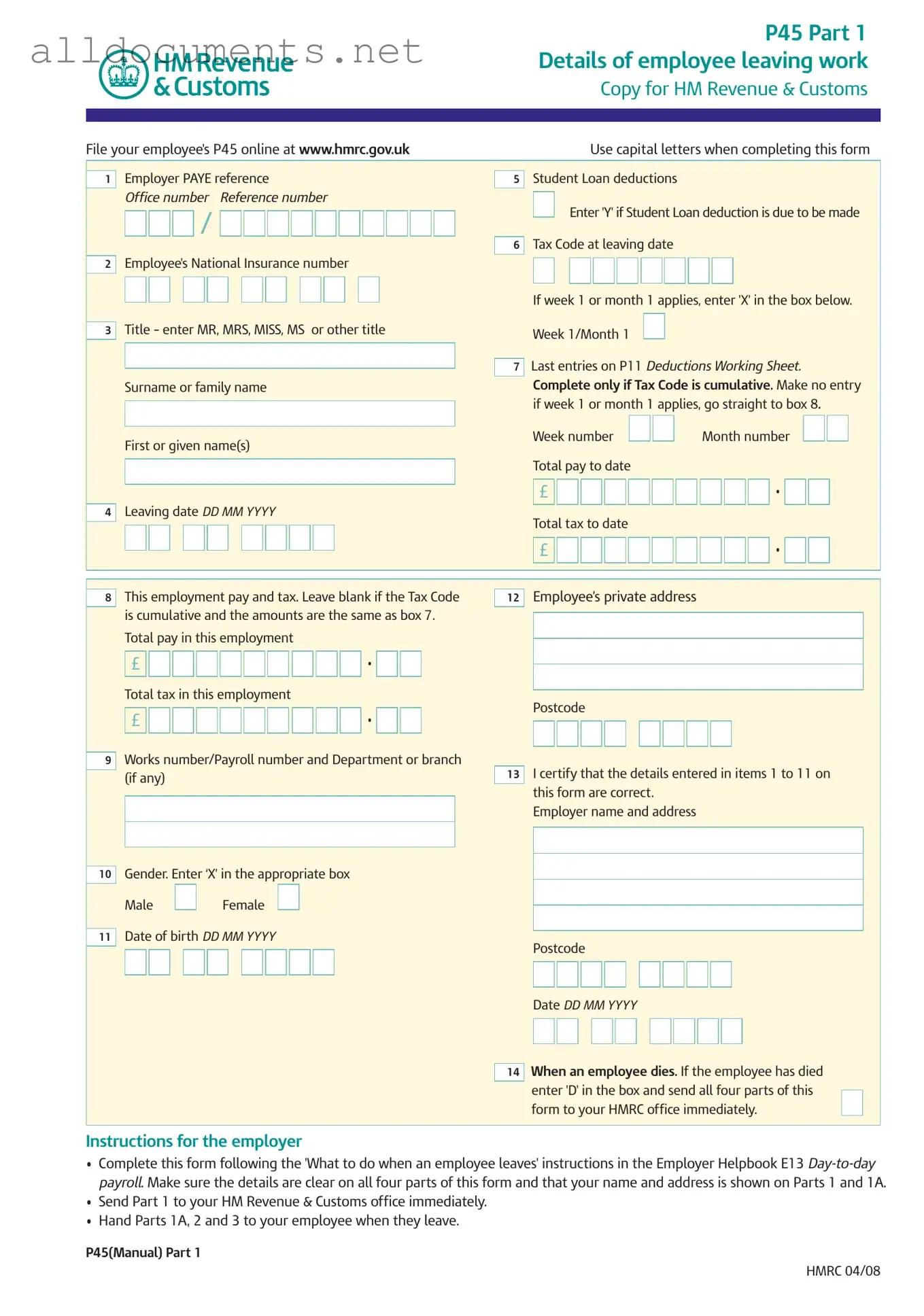 Fillable P 45 It Template in PDF