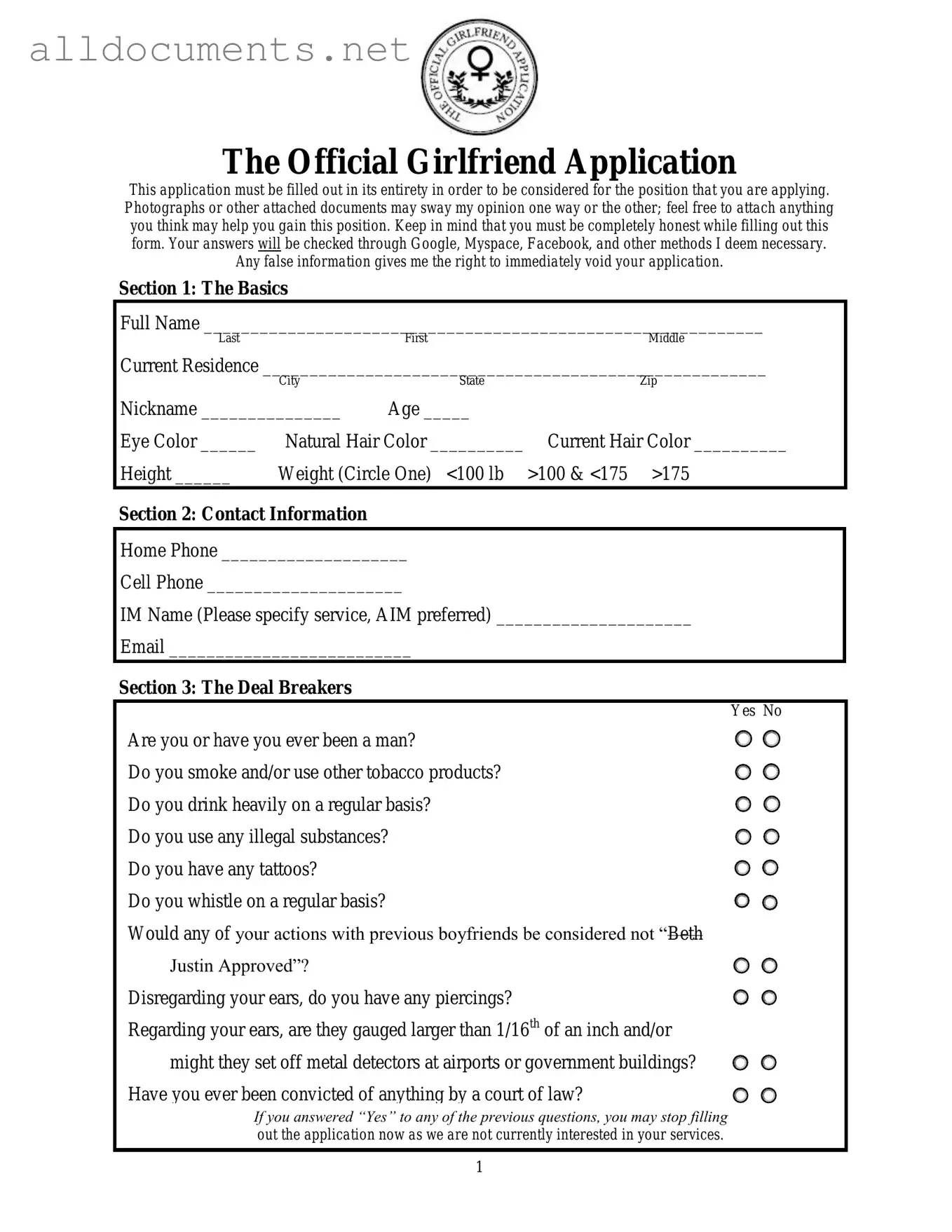 Fillable Girlfriend Application Template in PDF