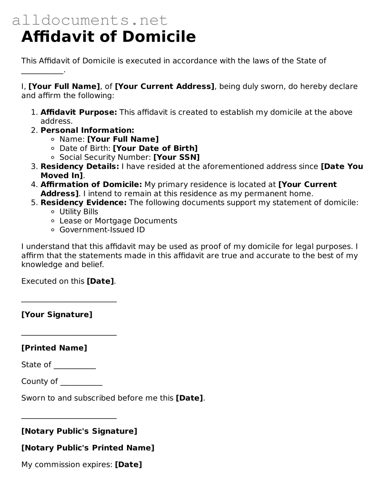 Free Affidavit of Domicile Document