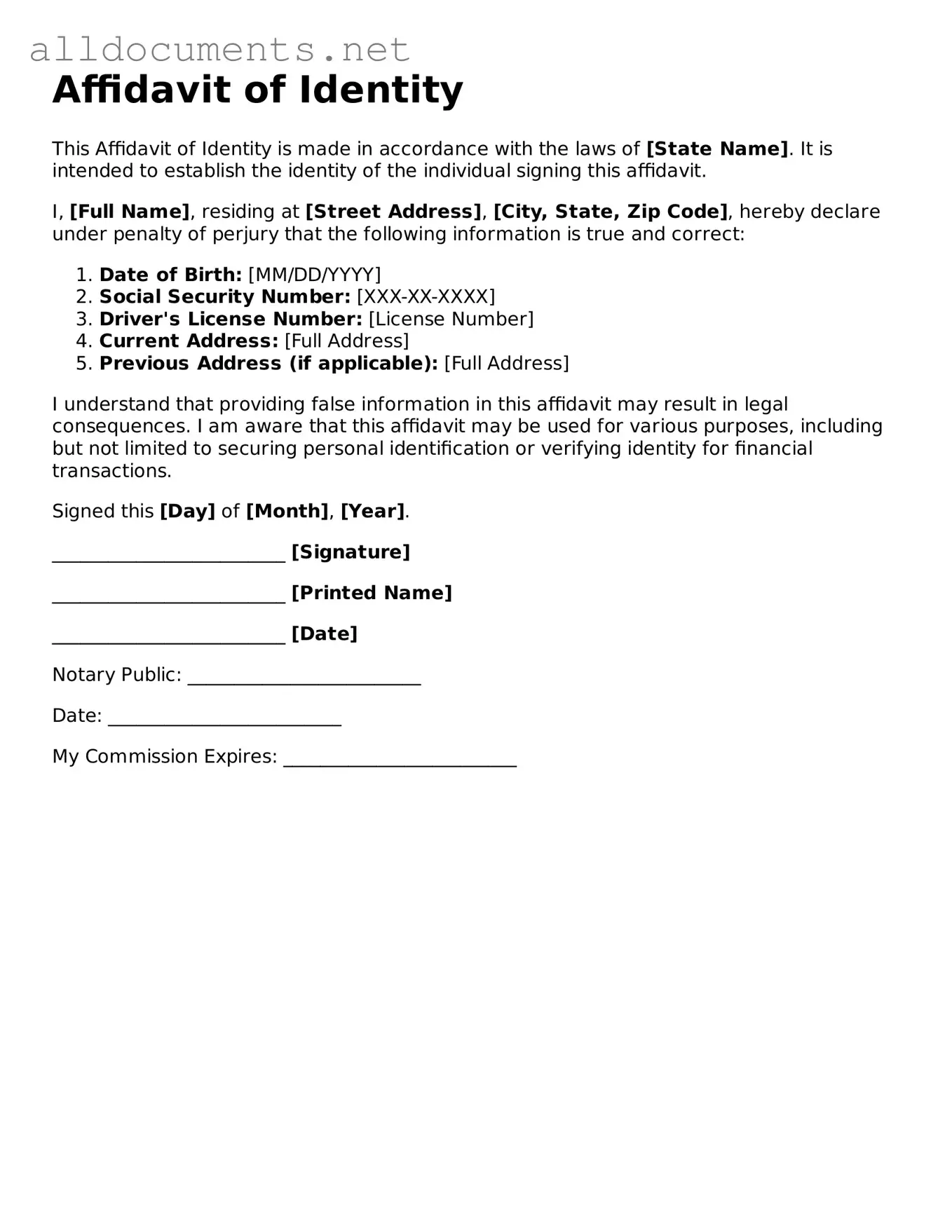 Free Affidavit of Identity Document