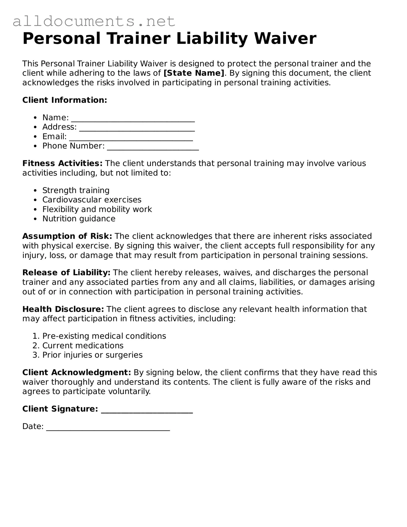 Free Personal Trainer Liability Waiver Document