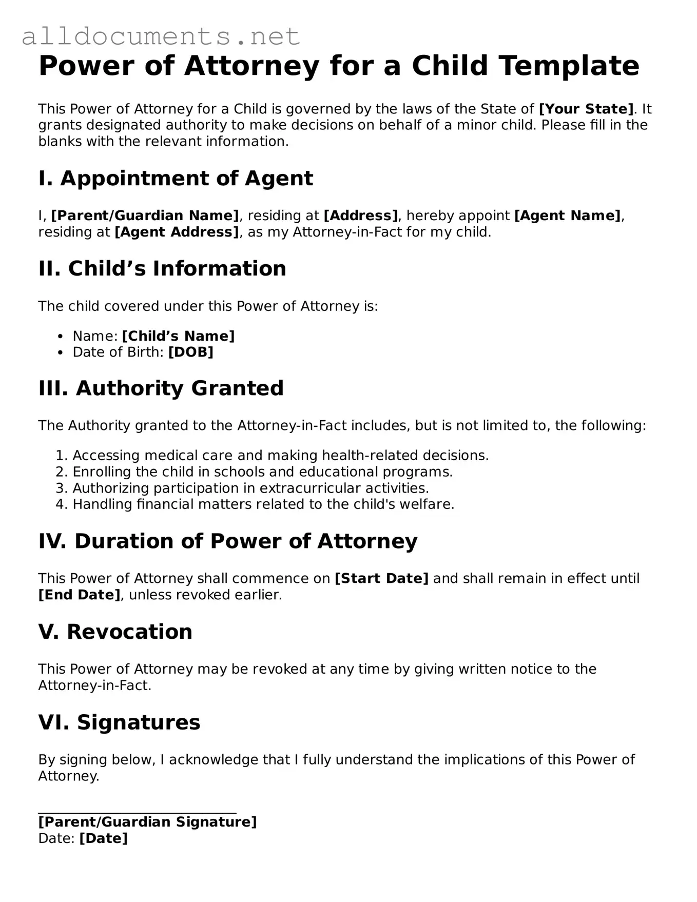 Free Power of Attorney for a Child Document