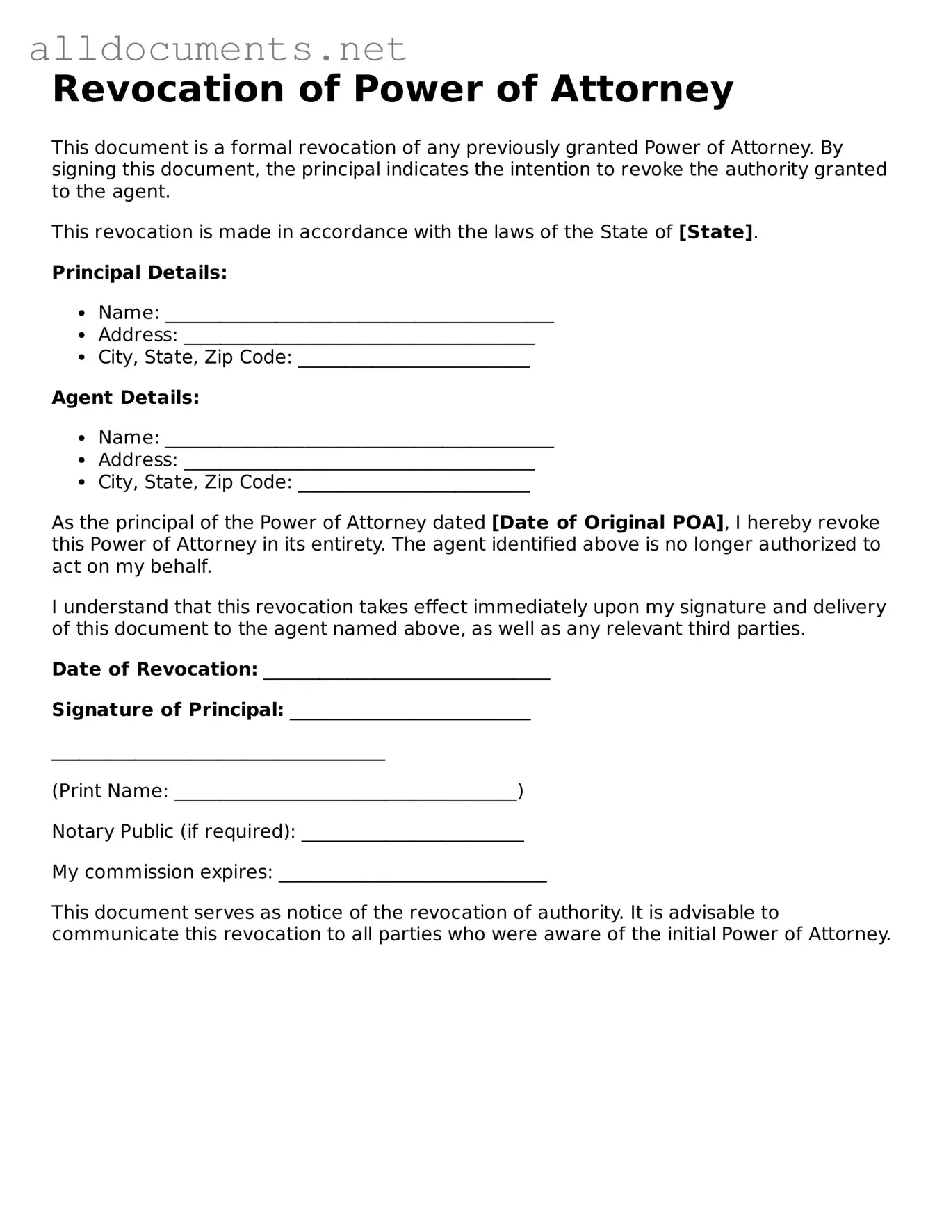 Free Revocation of Power of Attorney Document