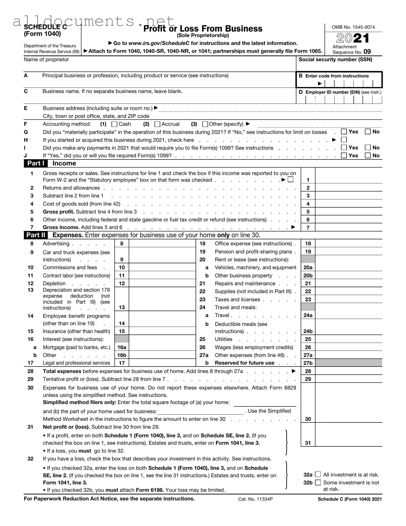 Fillable IRS Schedule C 1040 Template in PDF