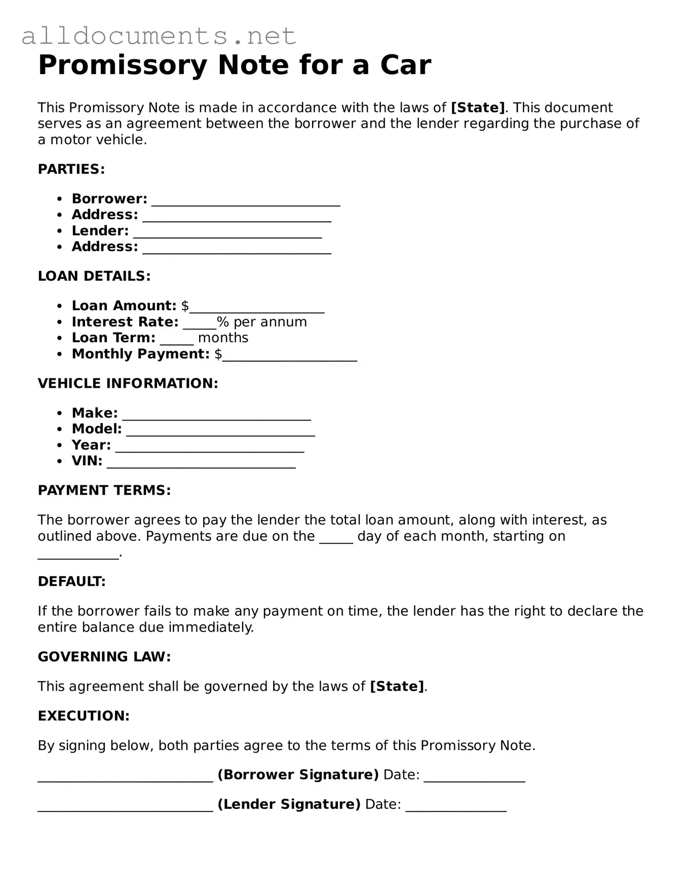 Free Promissory Note for a Car Document
