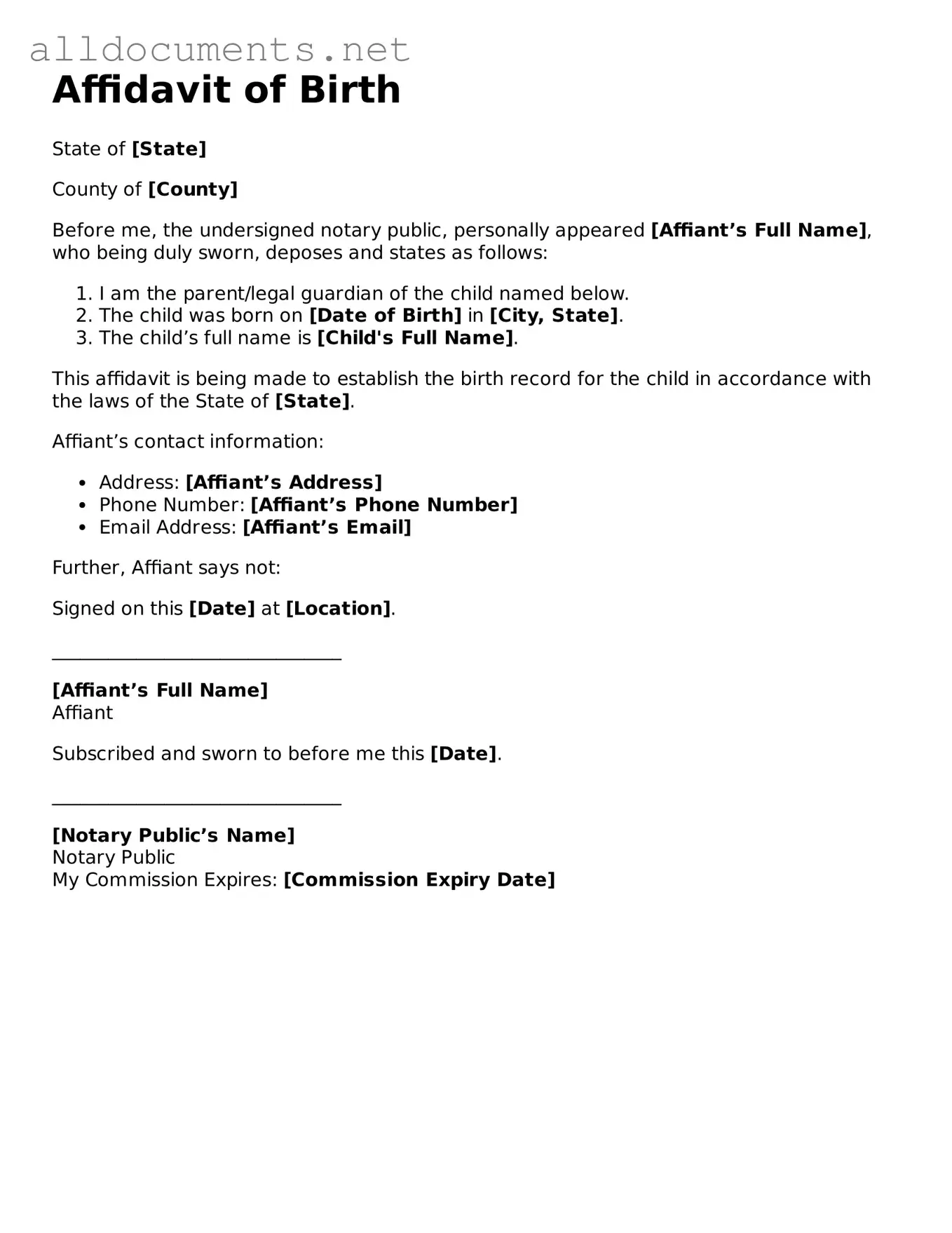 Free Affidavit of Birth Document