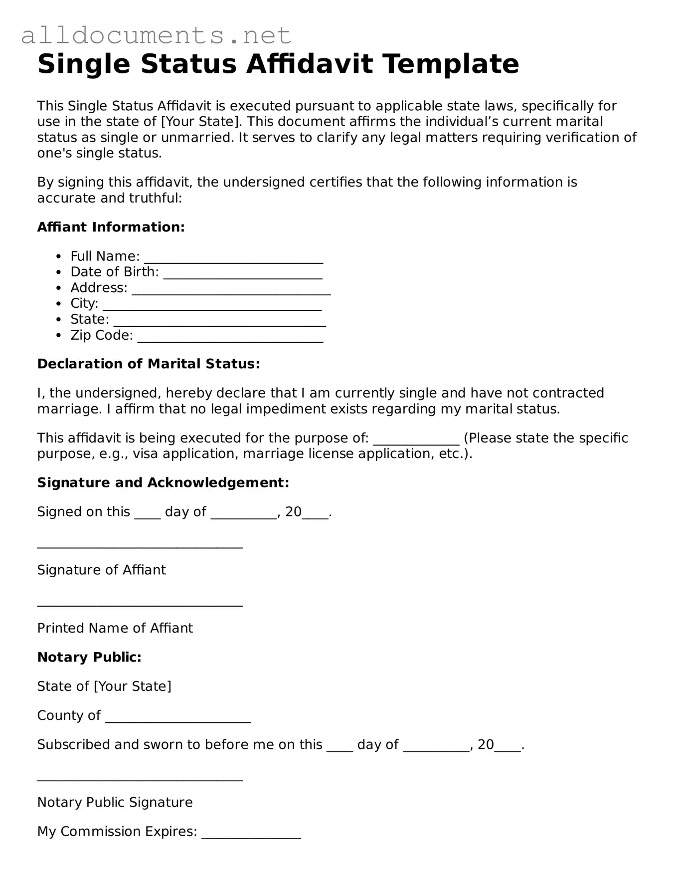Free Single Status Affidavit Document