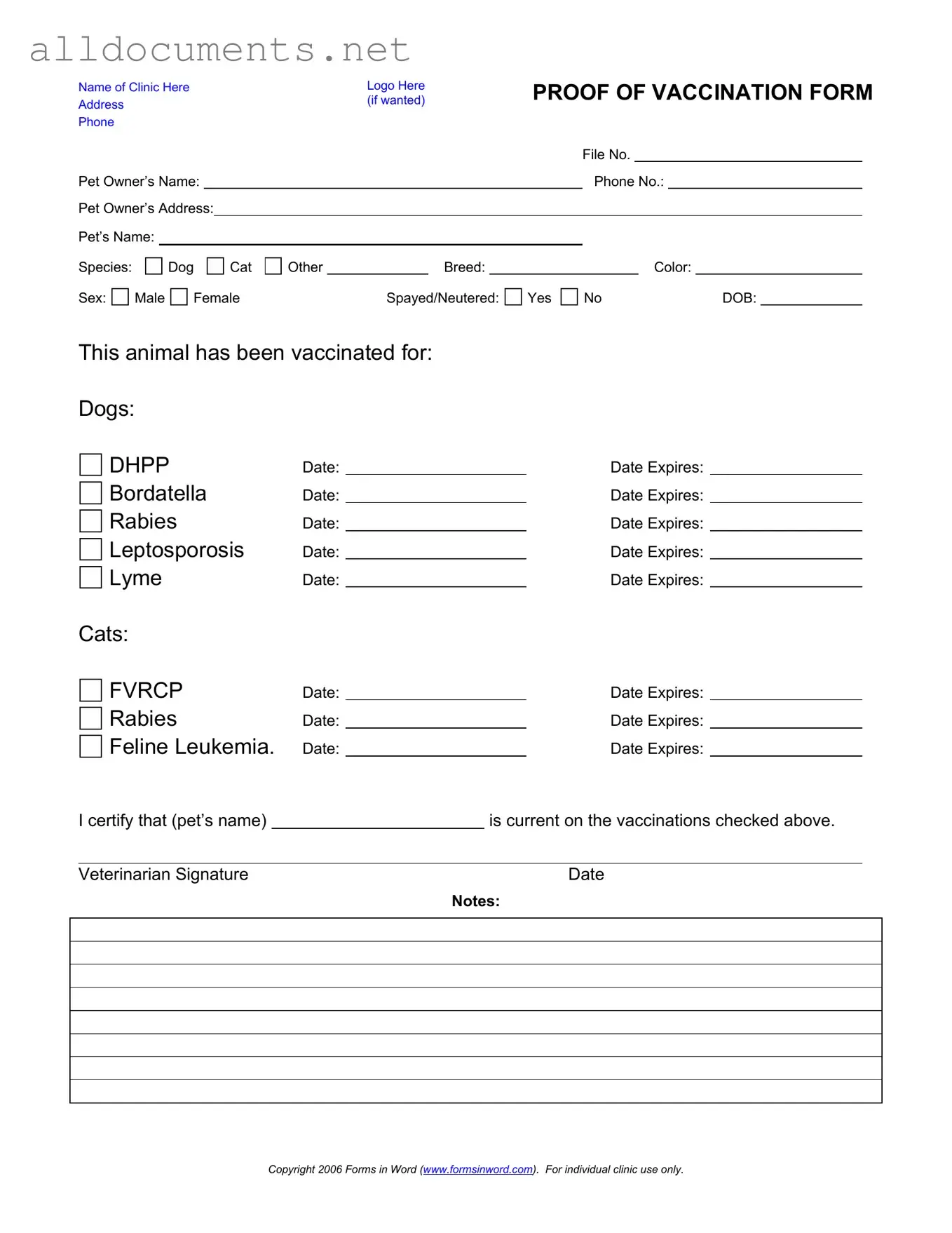 Fillable Proof Of Vaccination Dog Template in PDF