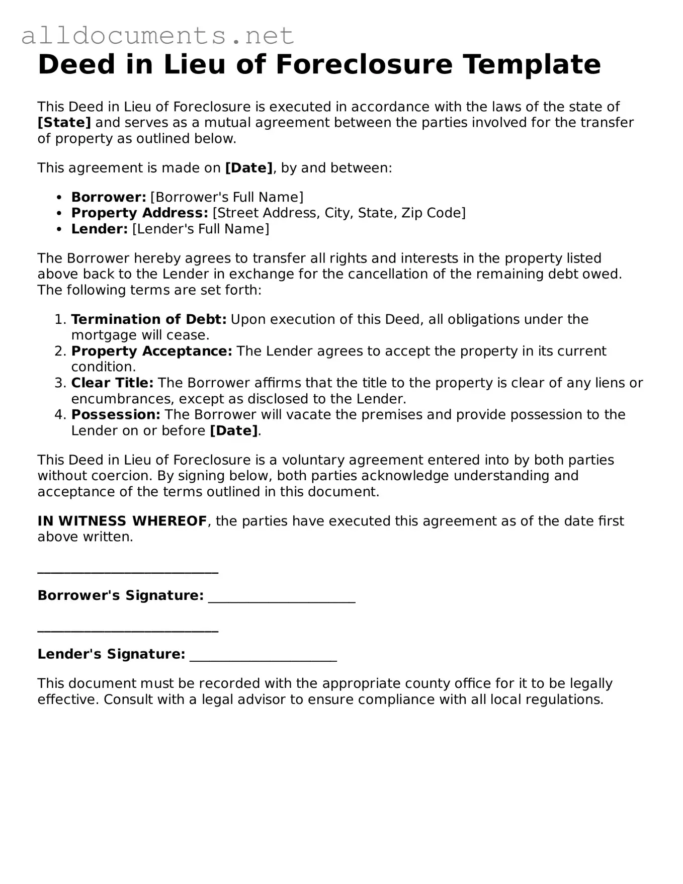 Free Deed in Lieu of Foreclosure Document