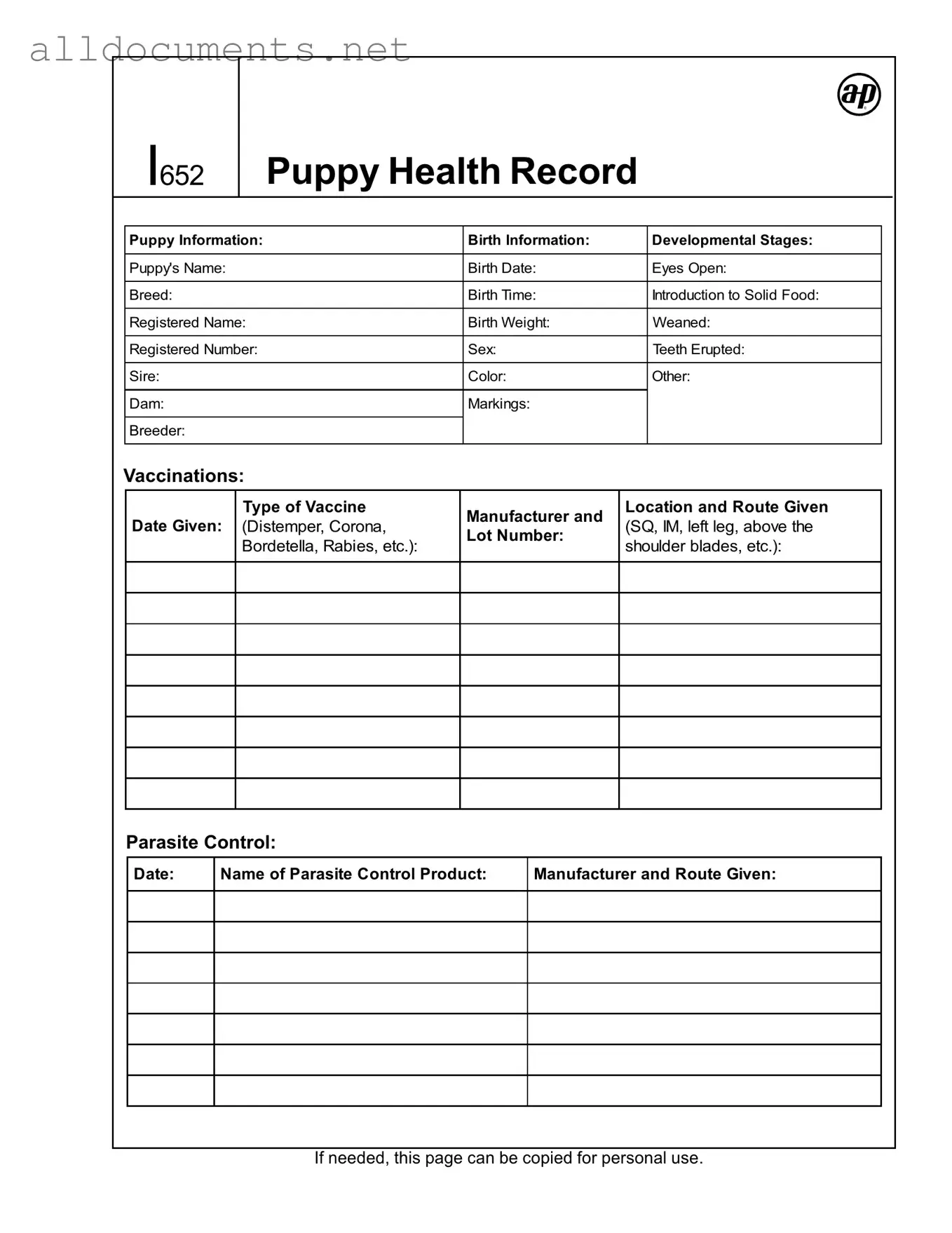 Fillable Puppy Health Record Template in PDF