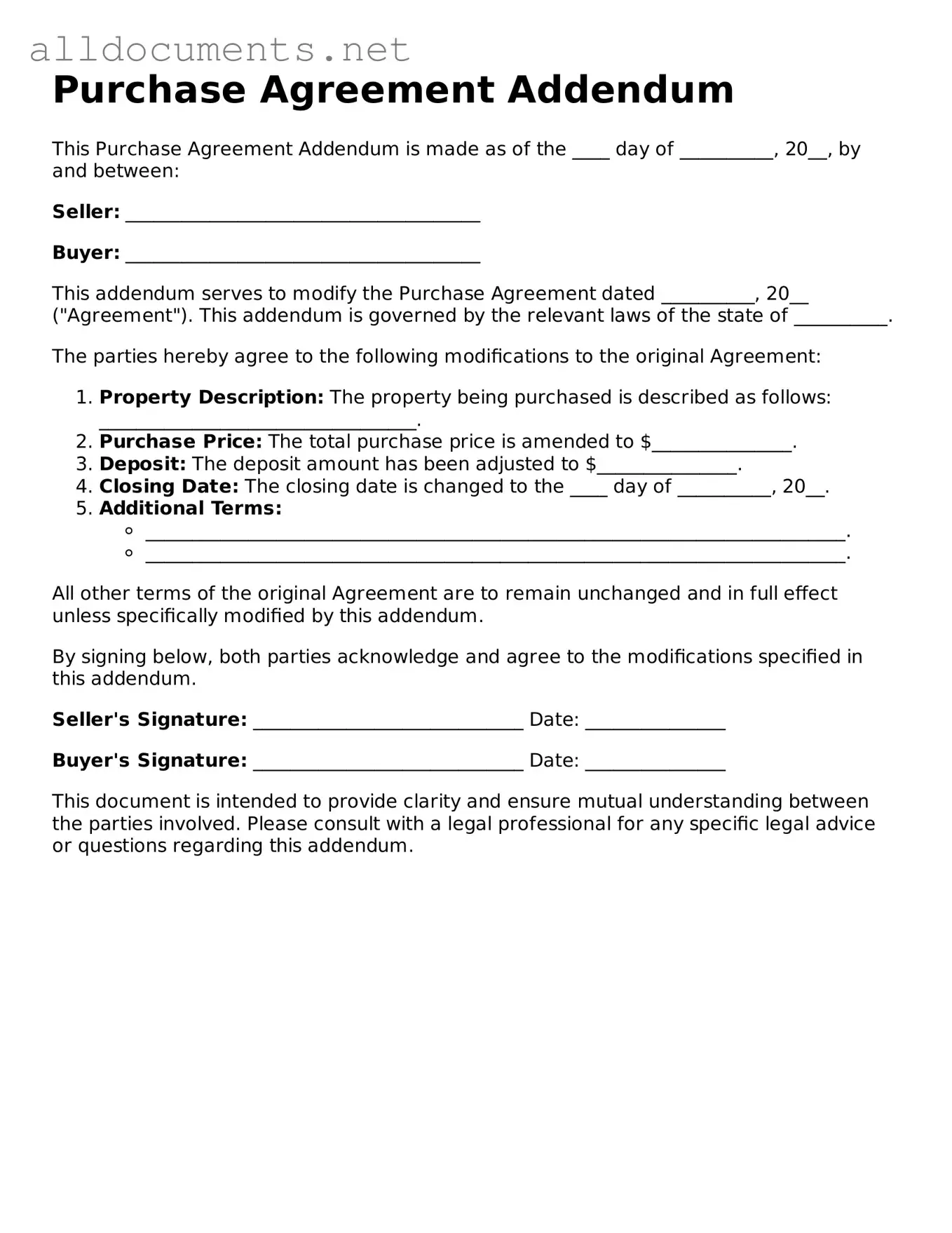 Free Purchase Agreement Addendum Document
