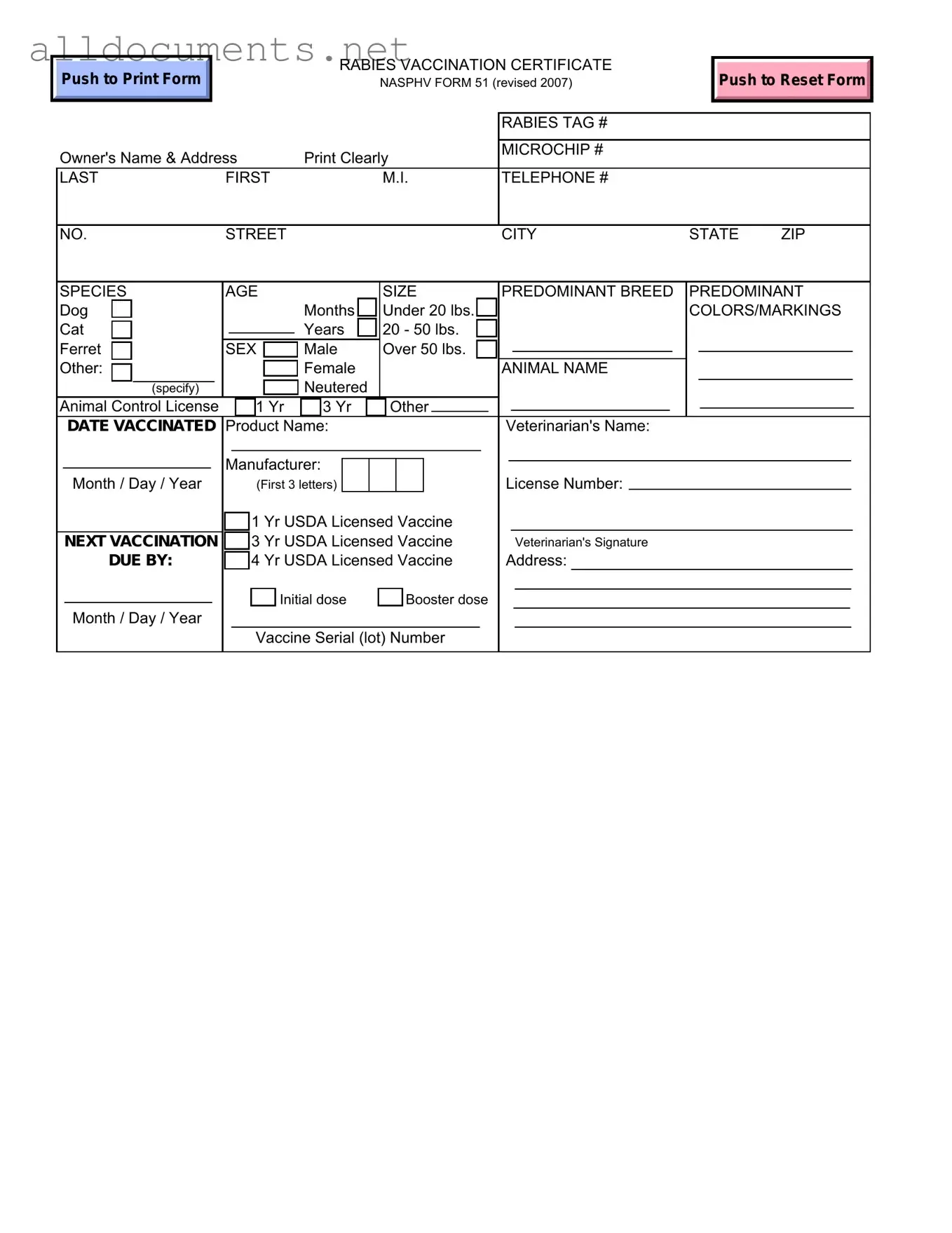Fillable Rabies Certificate Template in PDF