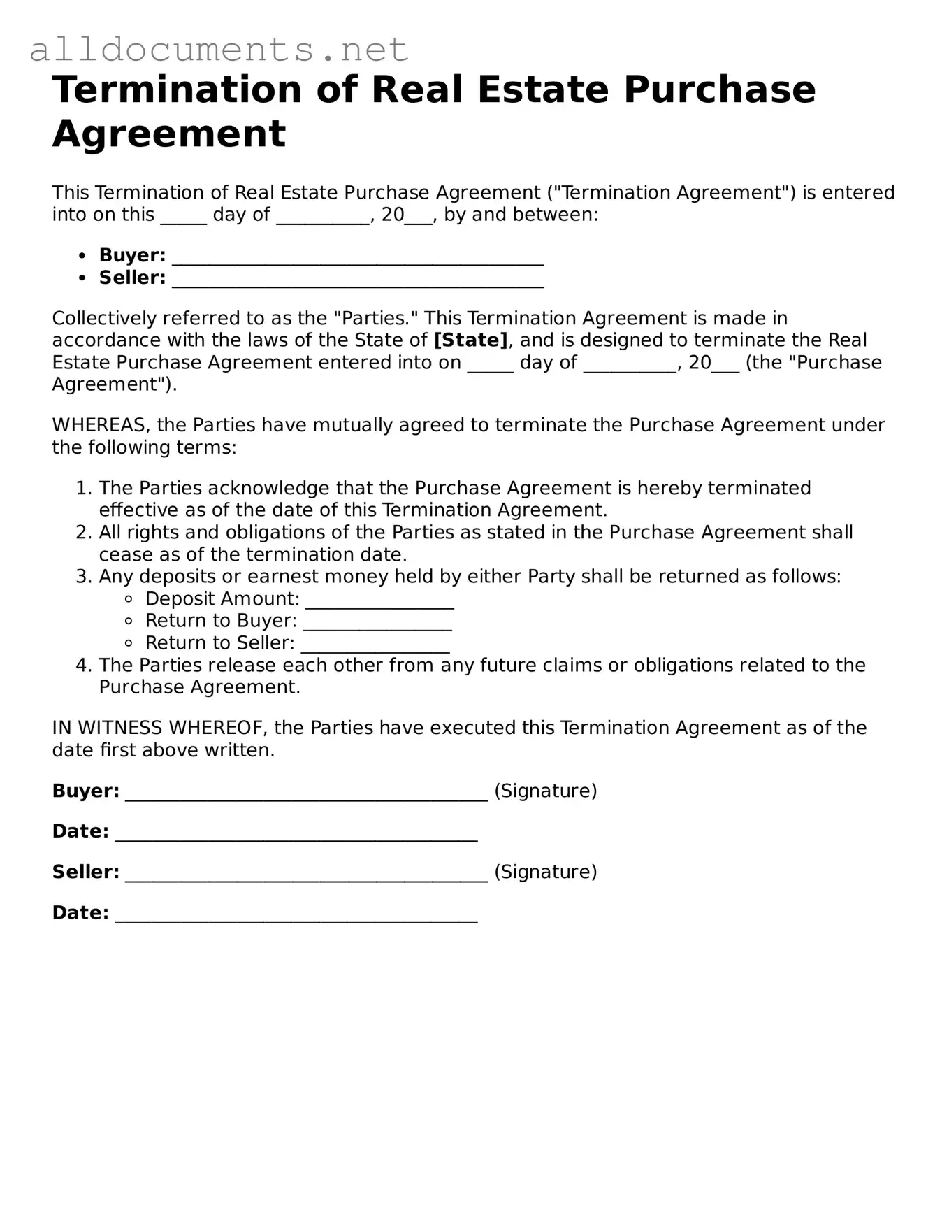 Free Termination of Real Estate Purchase Agreement Document