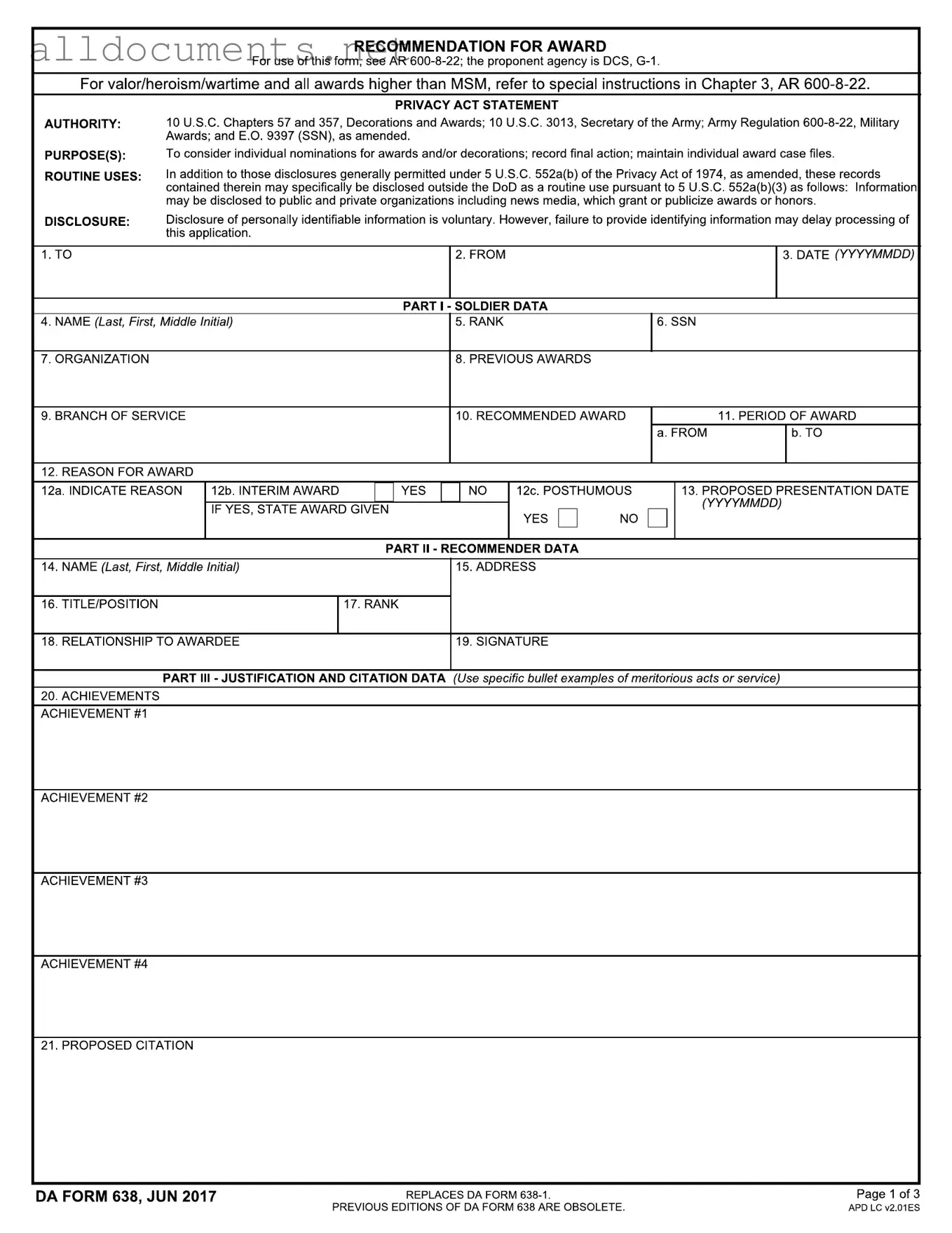 Fillable Da 638 Template in PDF