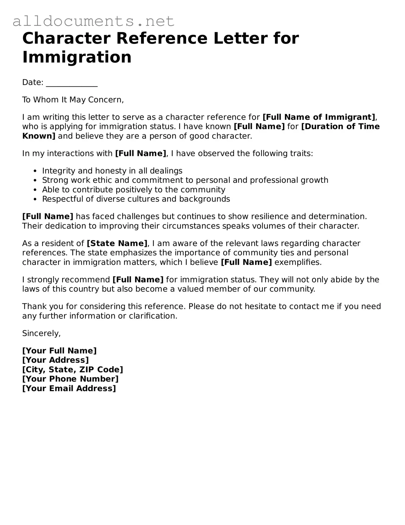 Free Character Reference Letter for Immigration Document
