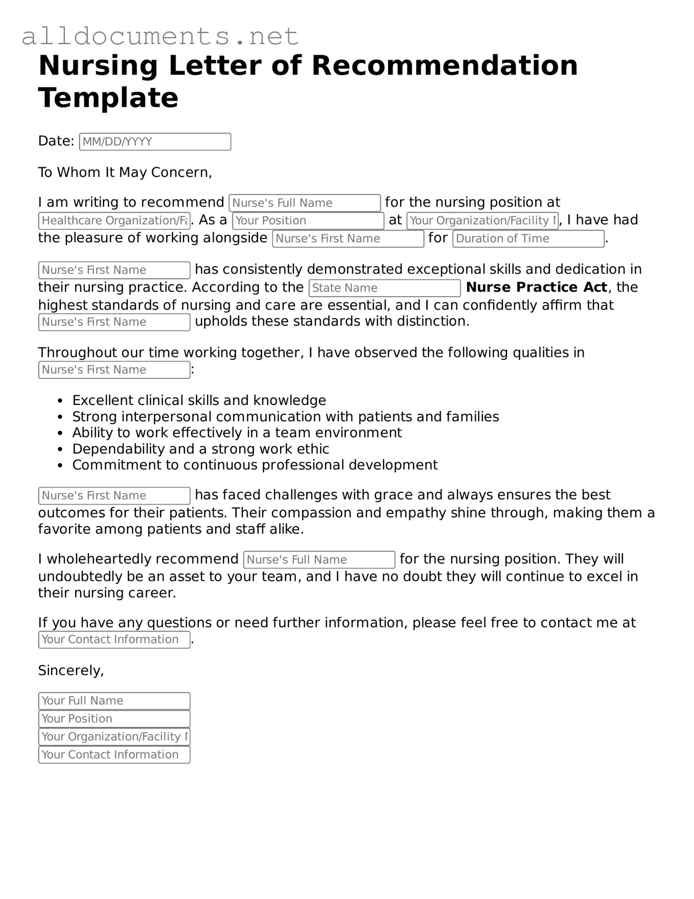 Free Nursing Letter of Recommendation Document