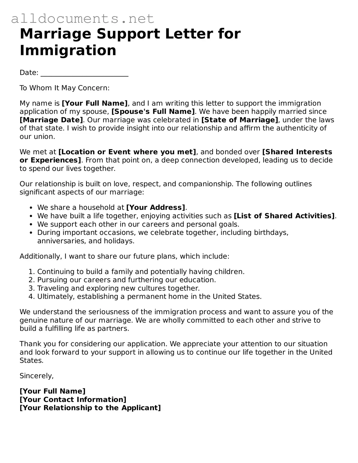 Free Marriage Support Letter for Immigration Document