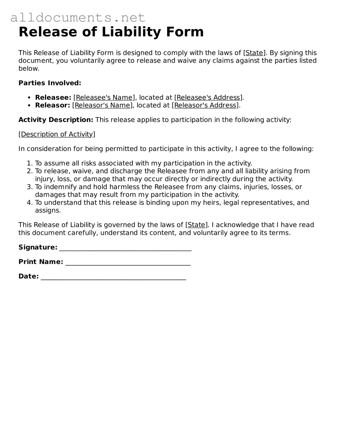 Free Release of Liability Document