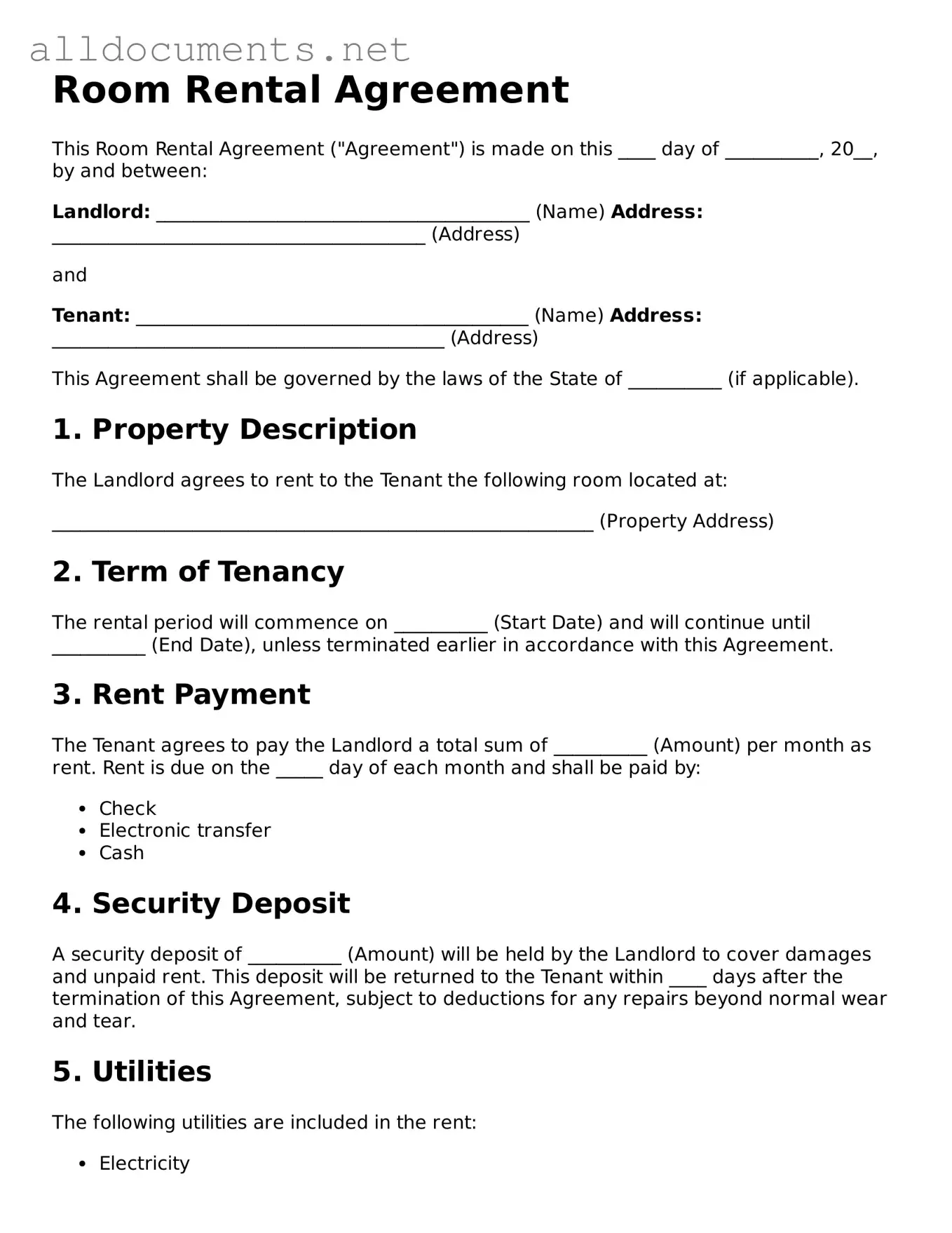 Free Room Rental Agreement Document