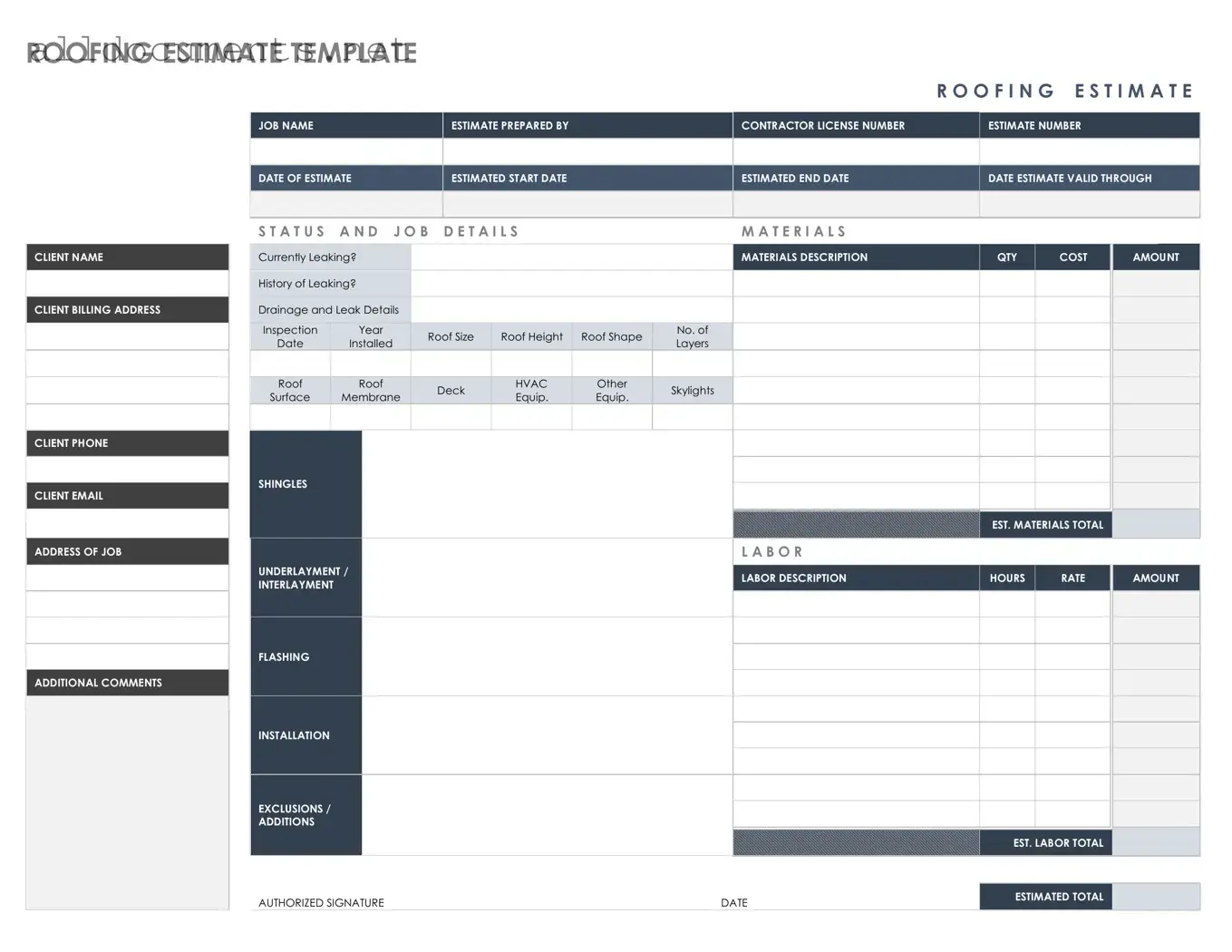 Fillable Roofing Estimate Template in PDF