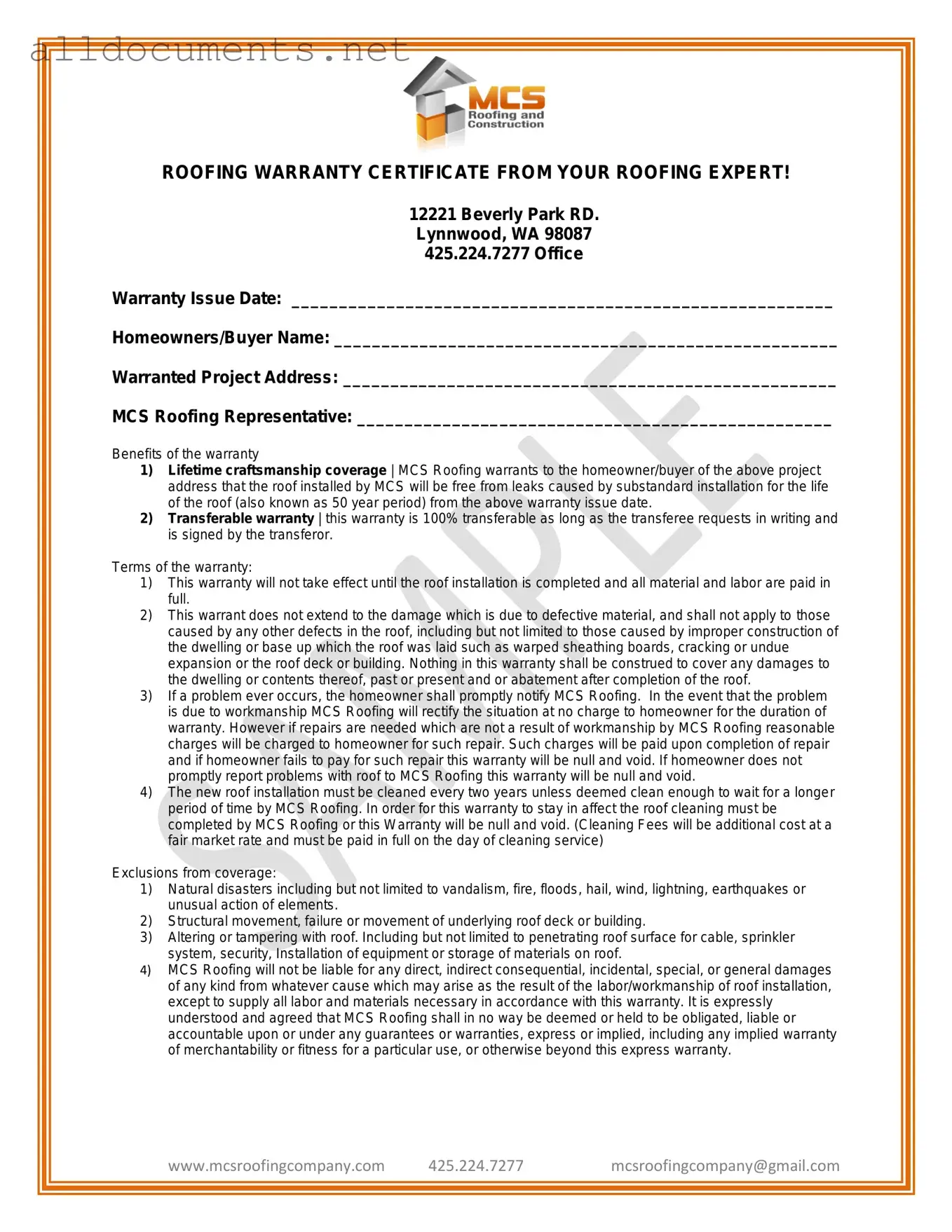 Fillable Roofing Warranty Certificate Template in PDF