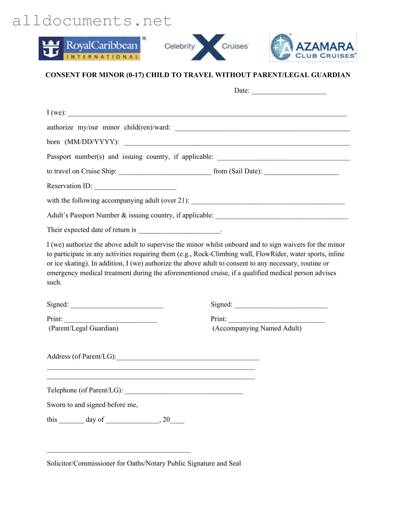 Fillable Royal Caribbean Parental Consent Template in PDF