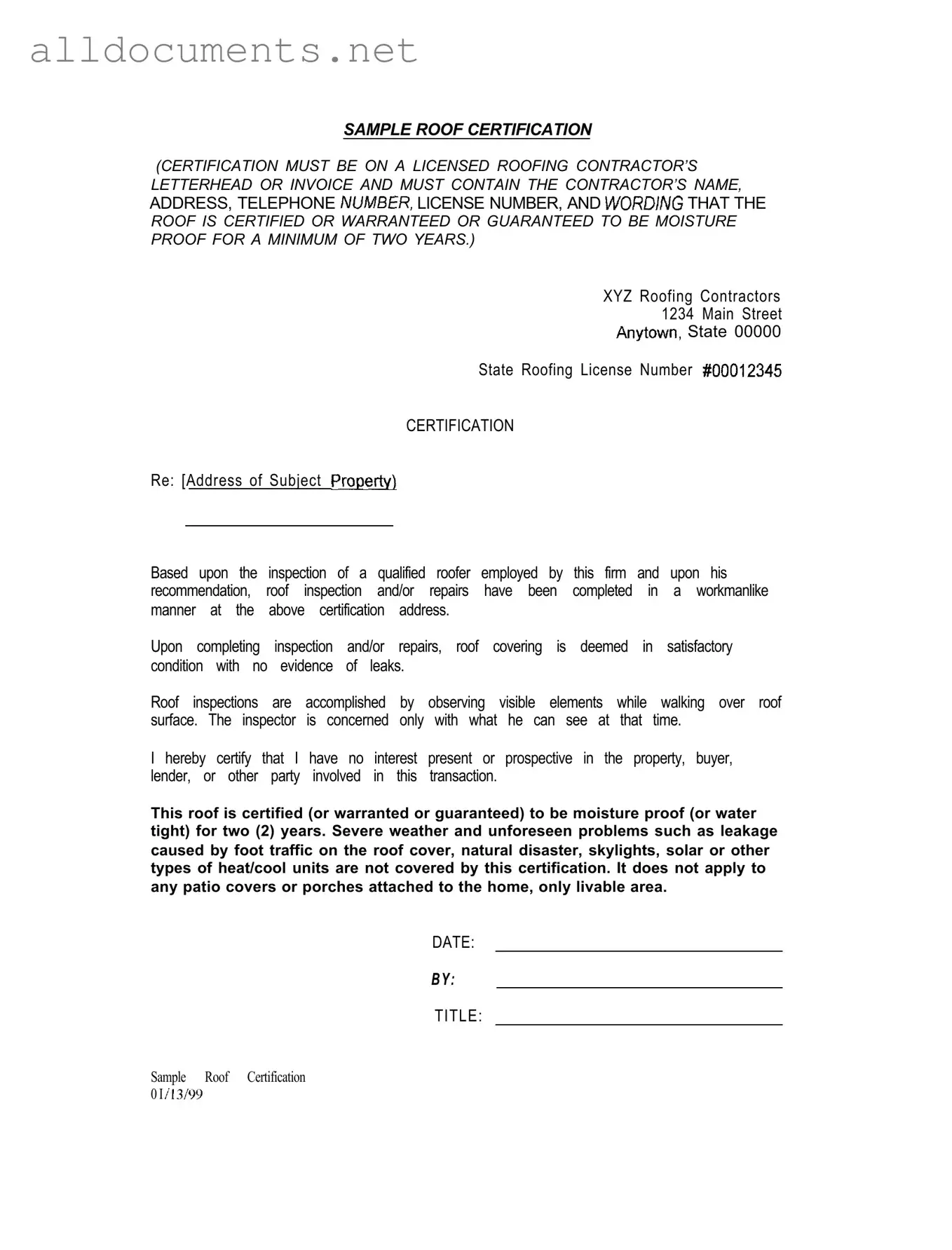 Fillable Sample Roof Certification Template in PDF