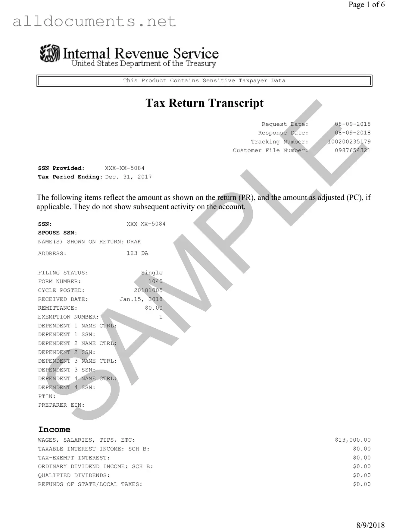 Fillable Sample Tax Return Transcript Template in PDF