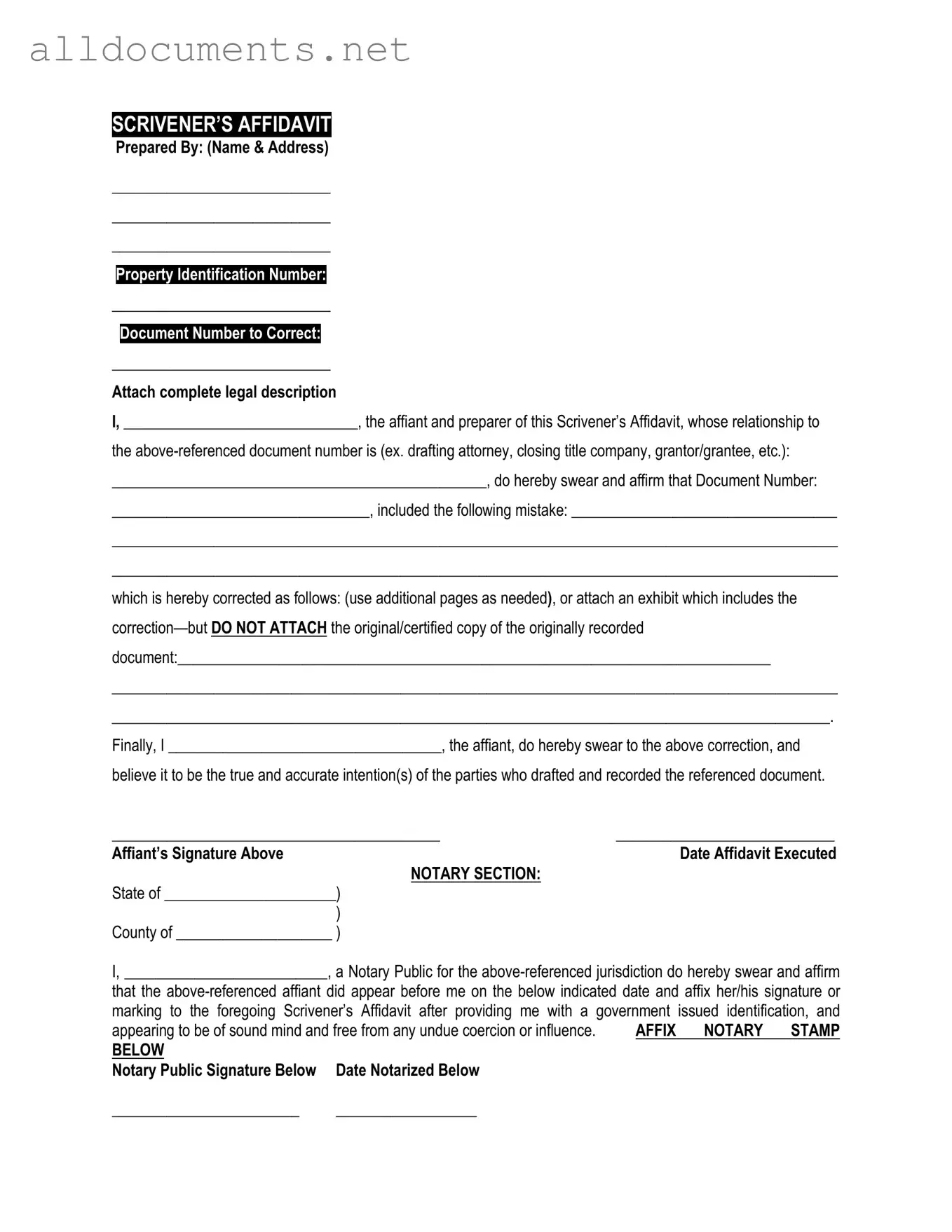Fillable Scrivener's Affidavit Template in PDF