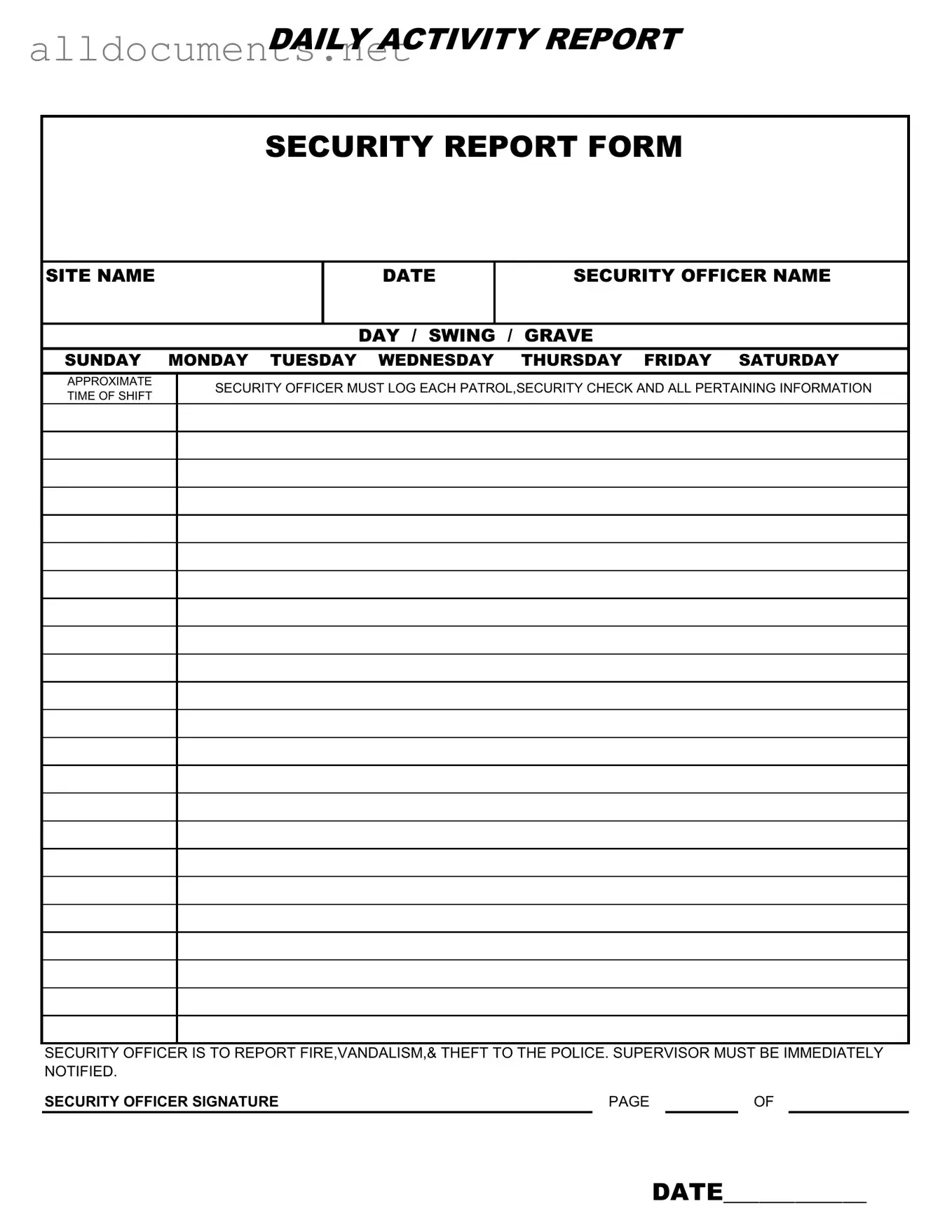 Fillable Security Guard Daily Report Sample Template in PDF