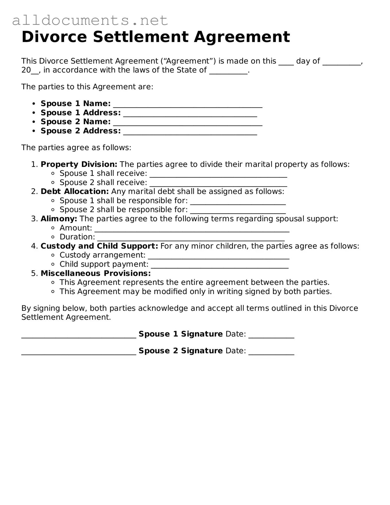 Free Divorce Settlement Agreement Document