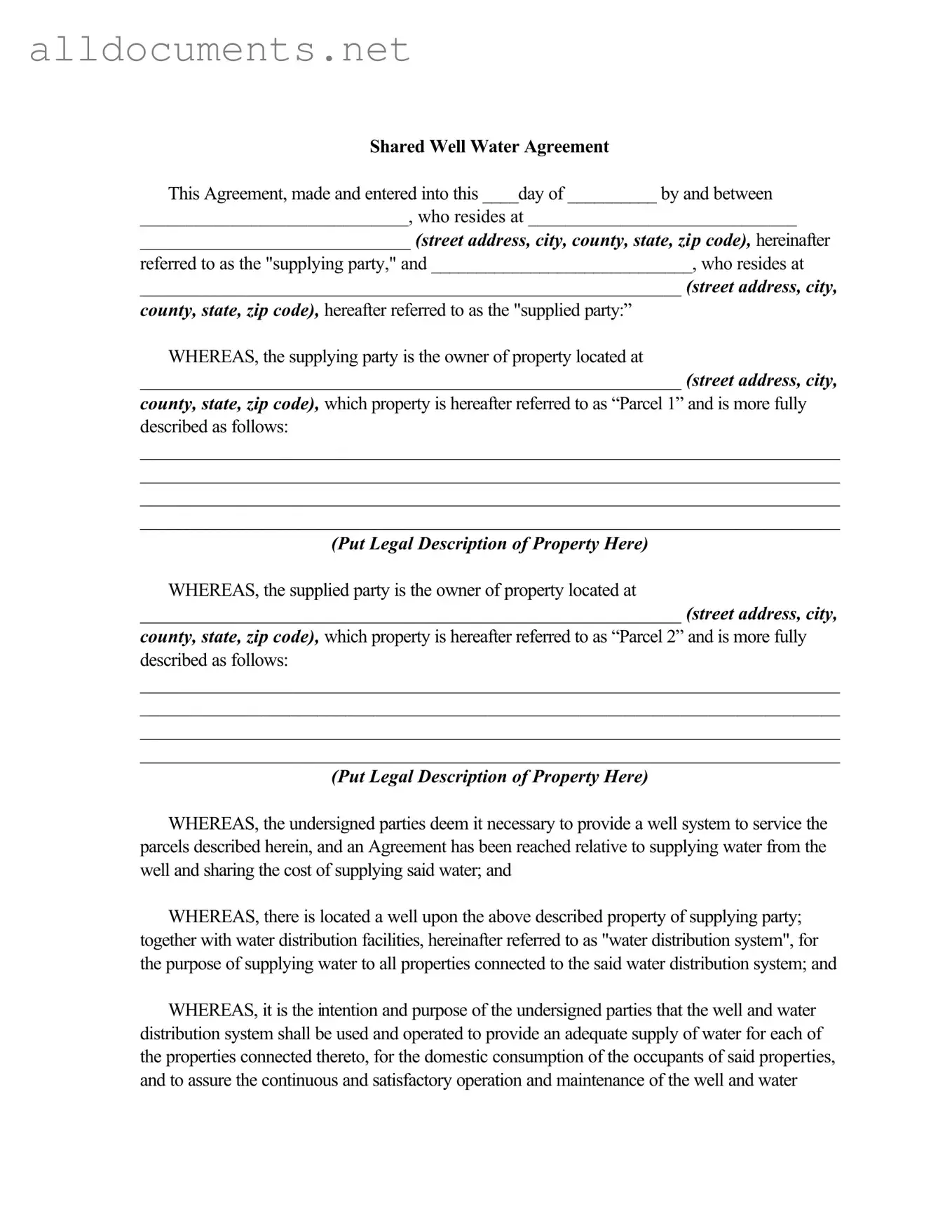 Fillable Shared Well Agreement Template in PDF
