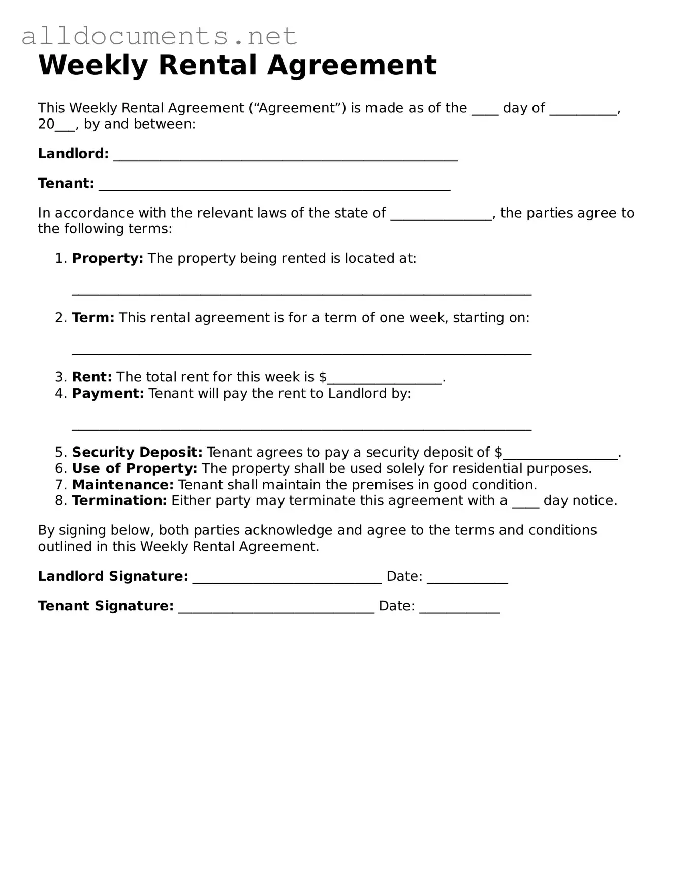 Free Weekly Rental Agreement Document