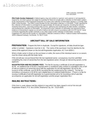 Fillable Aircraft Bill of Sale AC 8050-2 Template in PDF